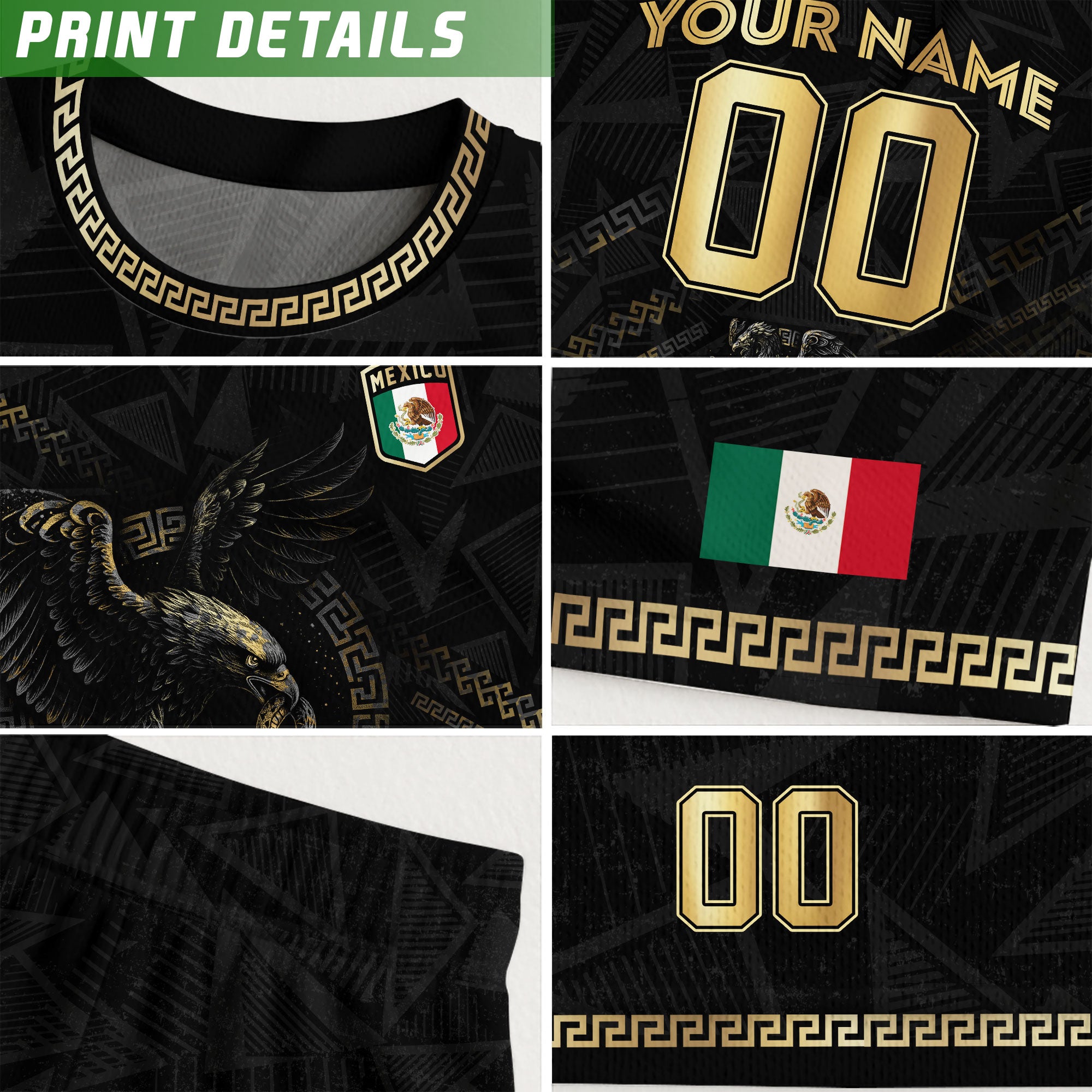 Custom Mexico Black Gold Eagle and Serpent Aztec Heritage Soccer Jersey