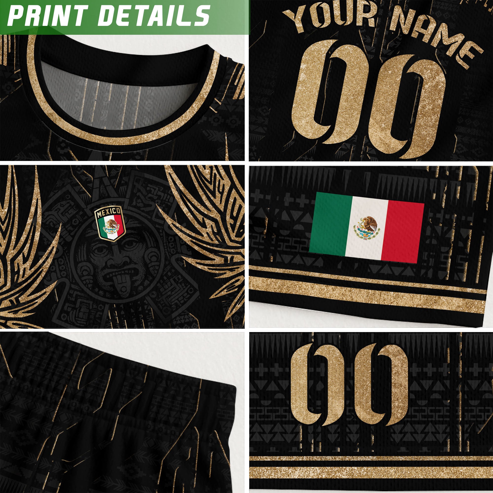 Custom Mexico Black Gold Aztec Warrior Wings Heritage Soccer Jersey