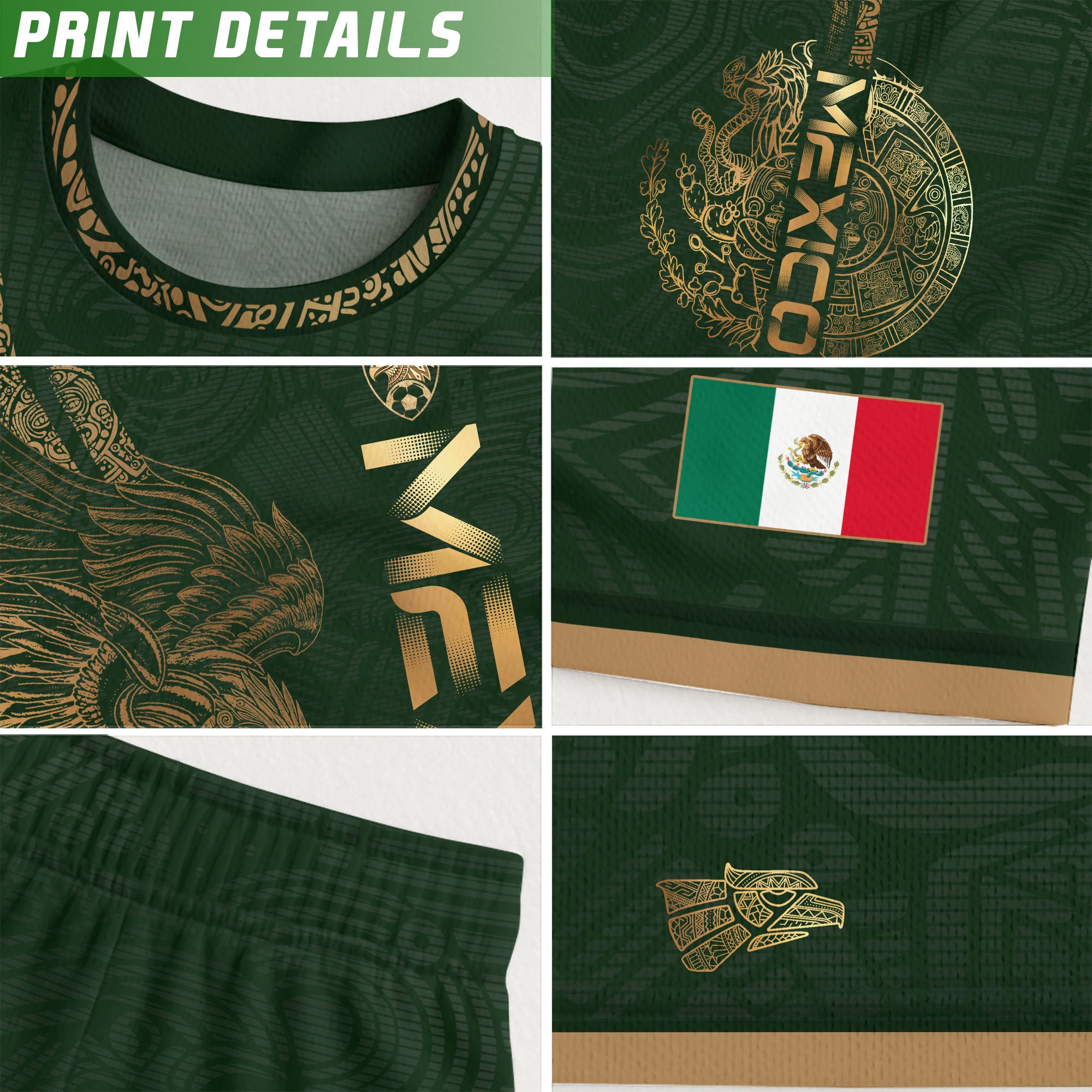 Mexico Aztec Heritage Soccer Jersey 3-Pack Bundle – Black Sunstone Map + Green Gold Eagle + Black Gold Eagle Crest
