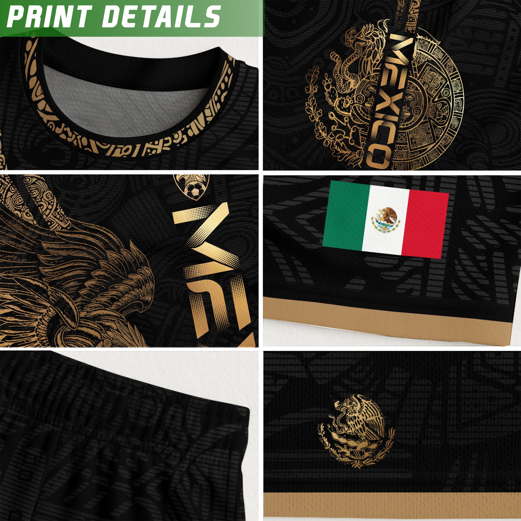 Camiseta de fútbol de la herencia del guerrero azteca del águila dorada negra de México
