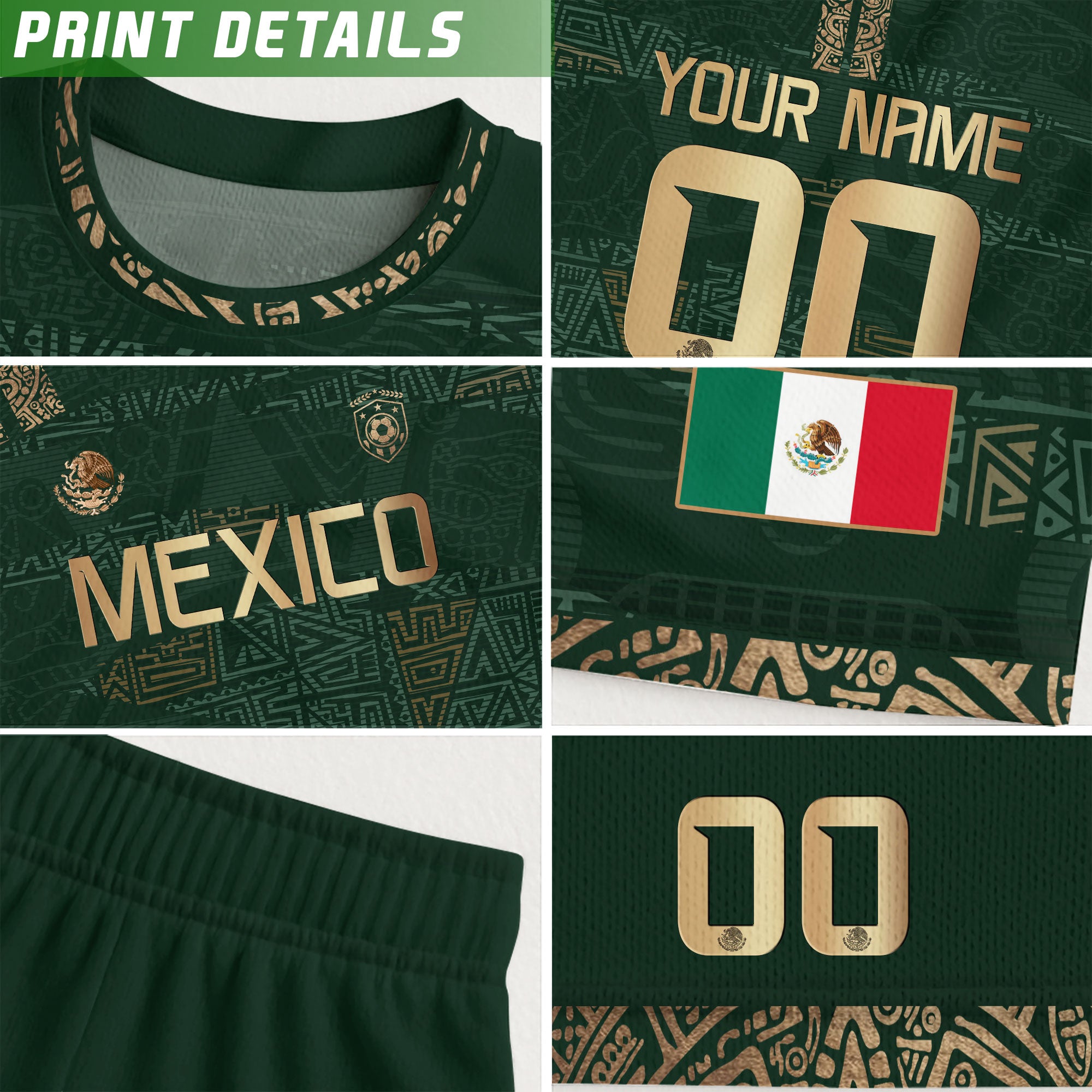 Custom Mexico Green Gold Aztec Pattern Soccer Jersey
