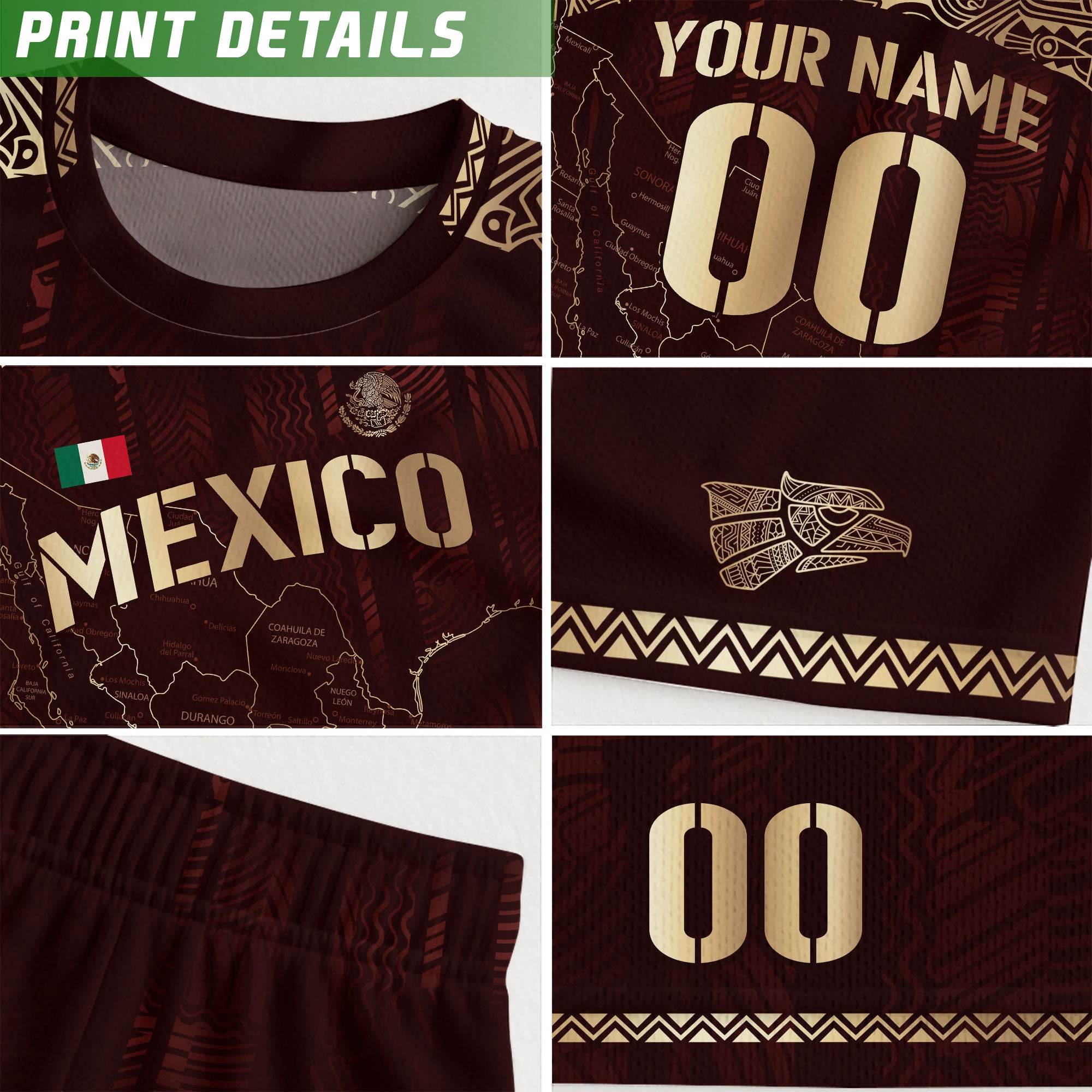 Custom Mexico Burgundy Soccer Jersey with Golden Aztec Map Design