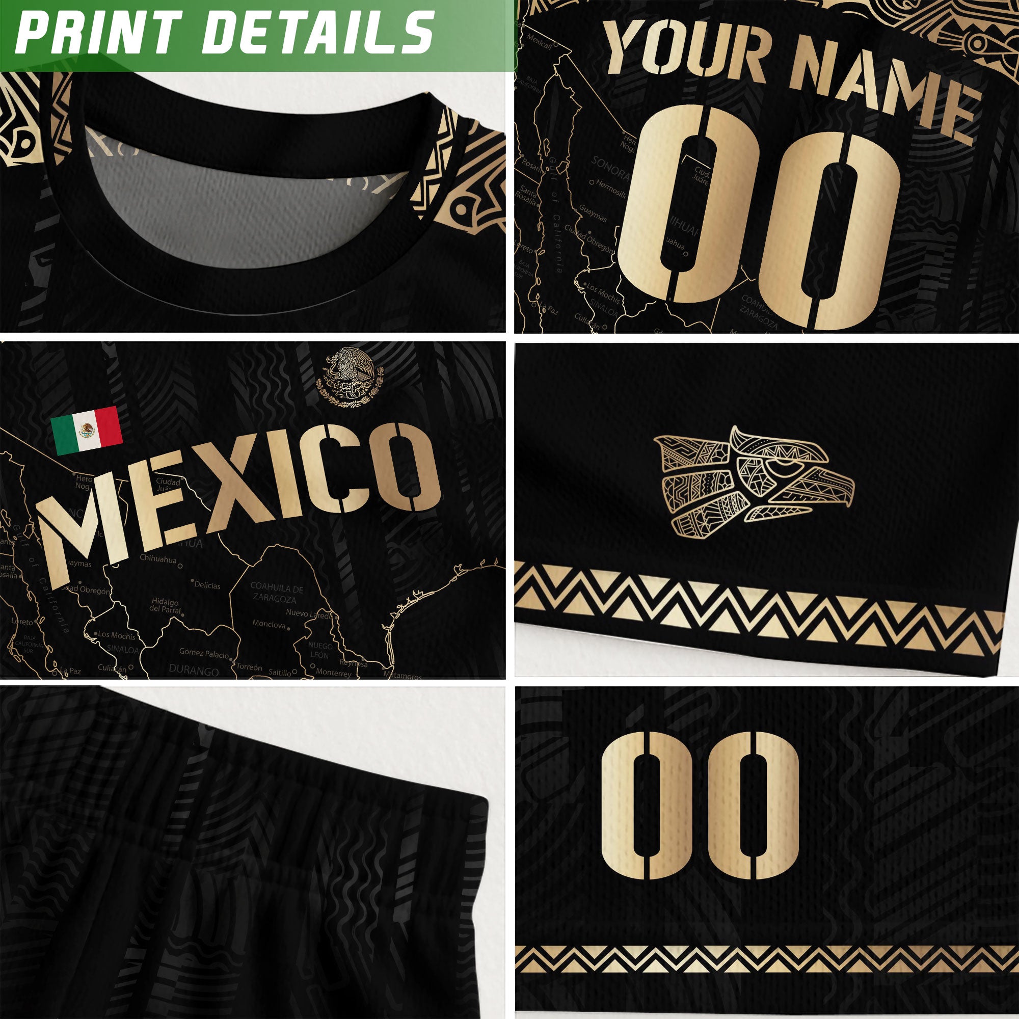 Custom Mexico Black Gold Soccer Jersey with Heritage Map and Aztec Details