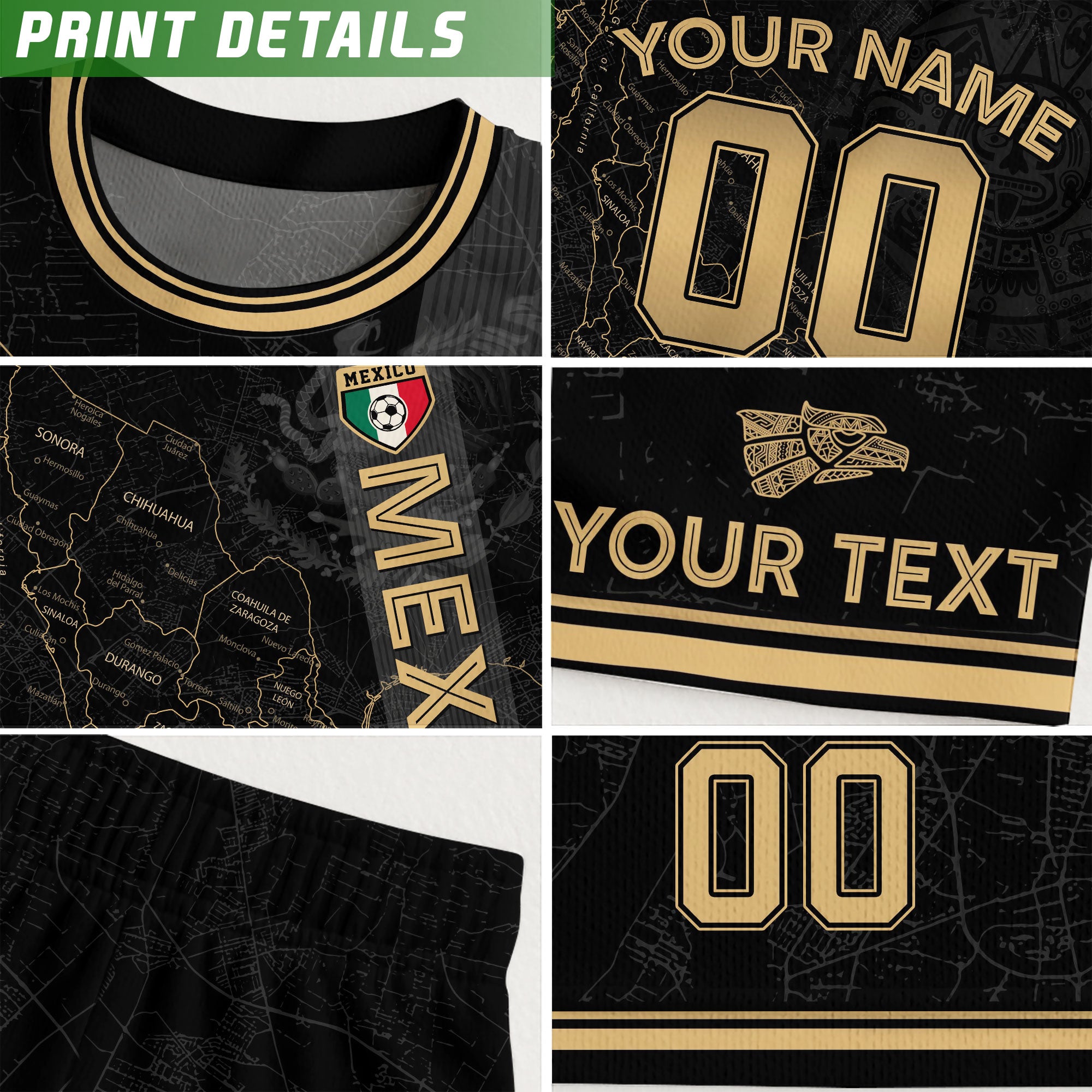 Custom Mexico Black Gold Soccer Jersey with Detailed Heritage Map Design
