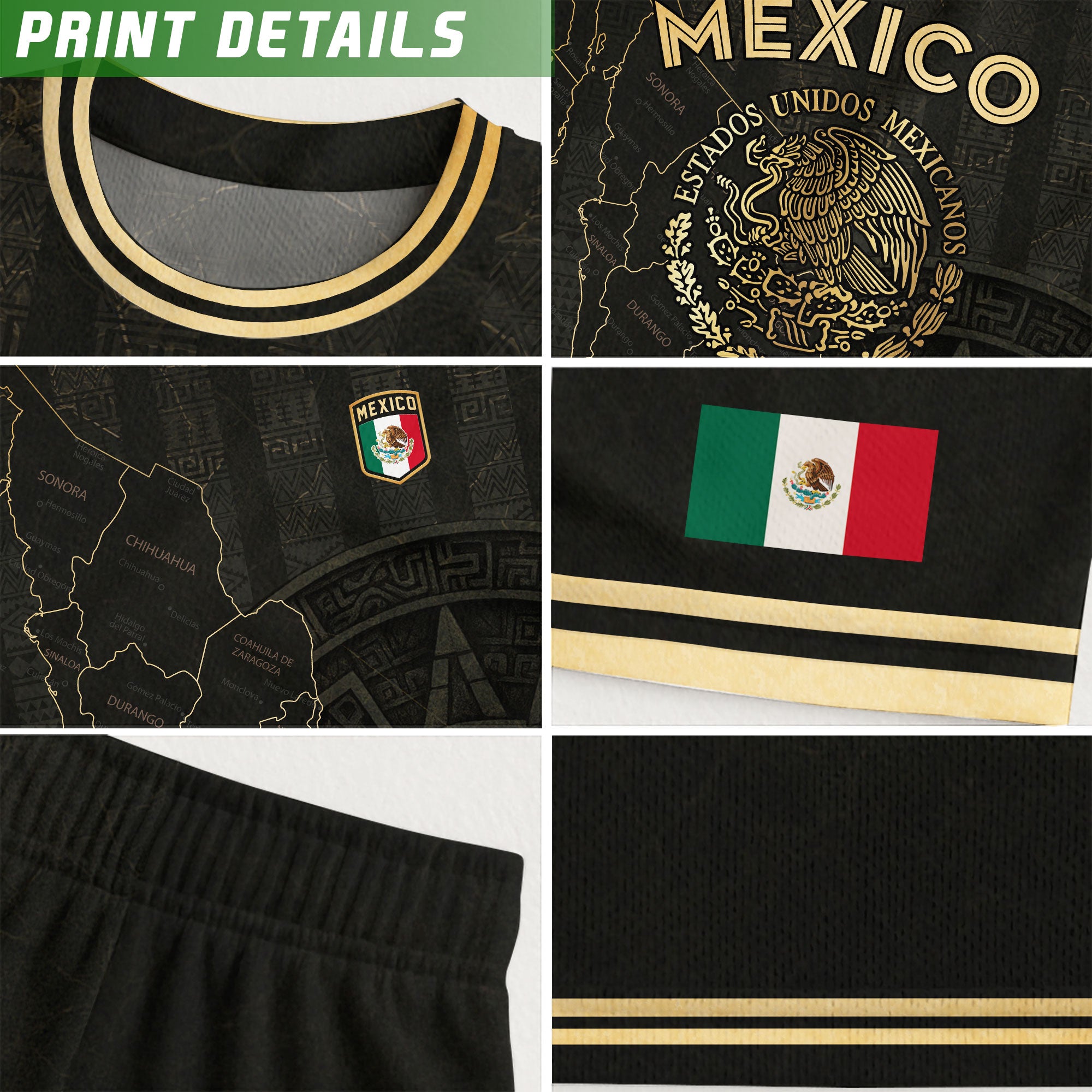 Camiseta de fútbol con el calendario azteca y el mapa negro y dorado de México
