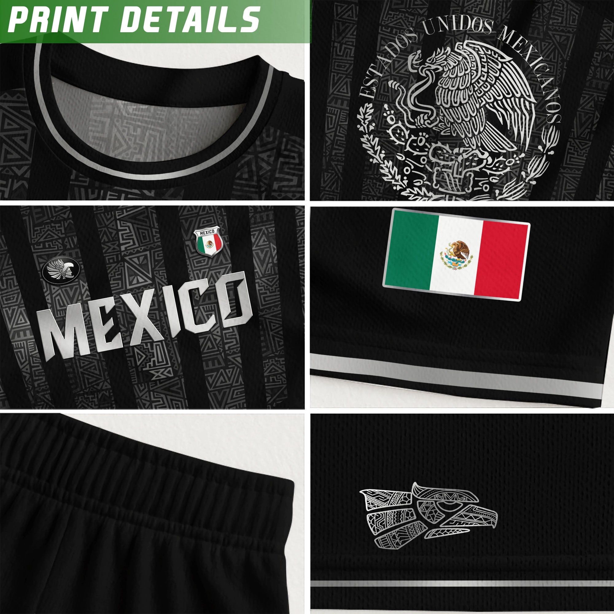 Mexico Black Silver Aztec Pattern Heritage Soccer Jersey