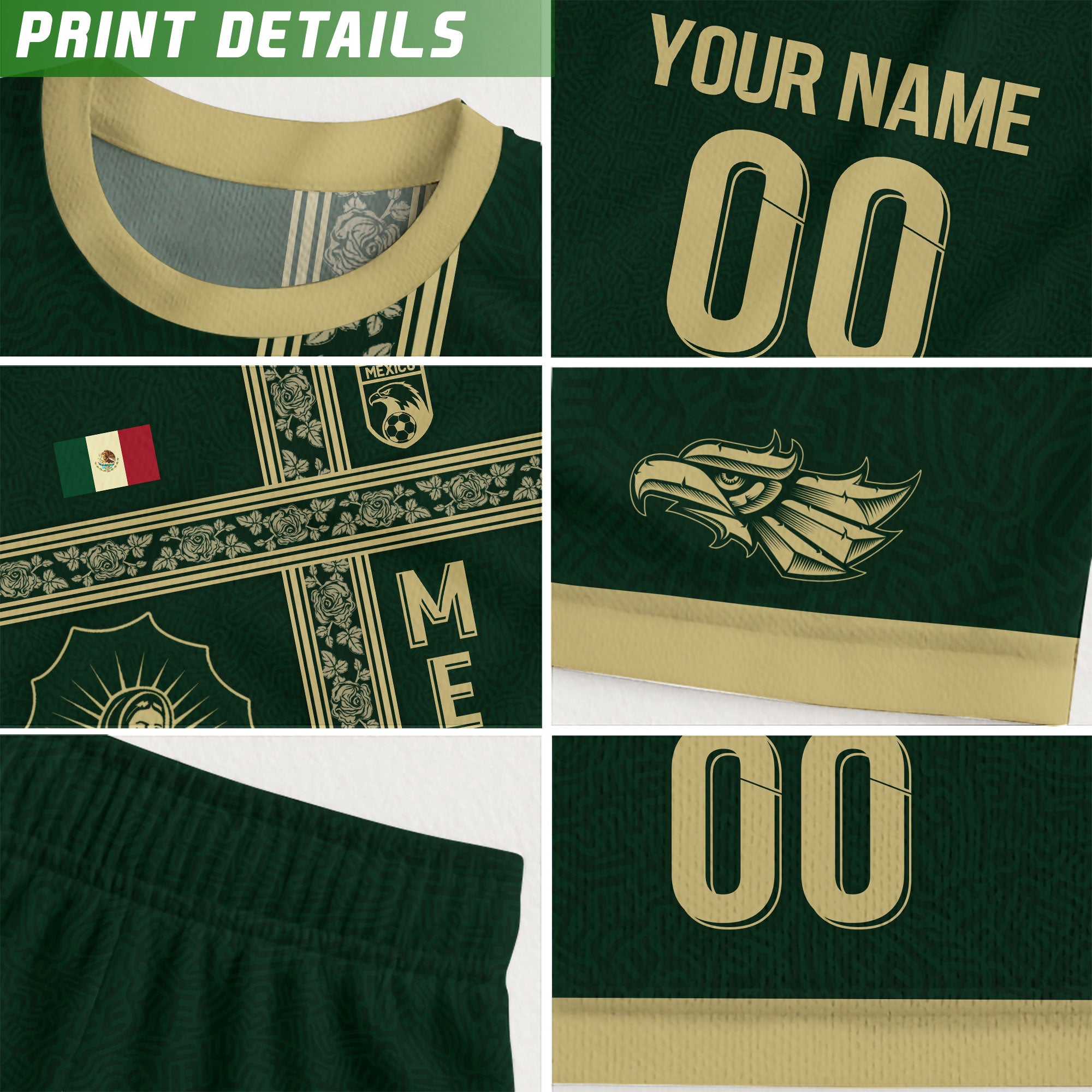 Custom Mexico Jersey Green Gold Our Lady of Guadalupe Design