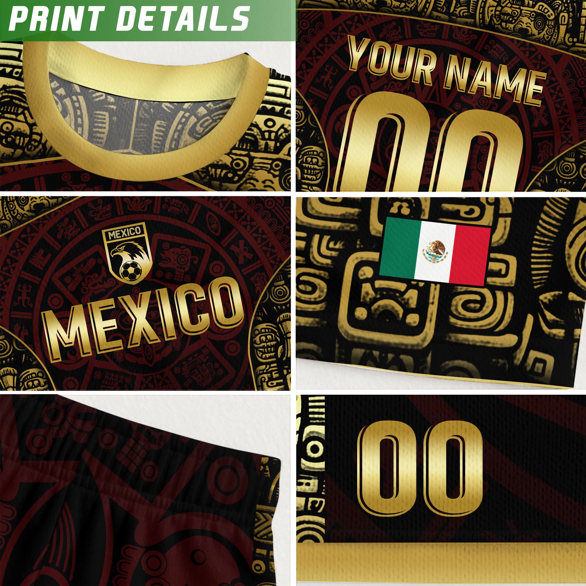 Custom Mexico Jersey Black Red Gold Aztec Calendar Design