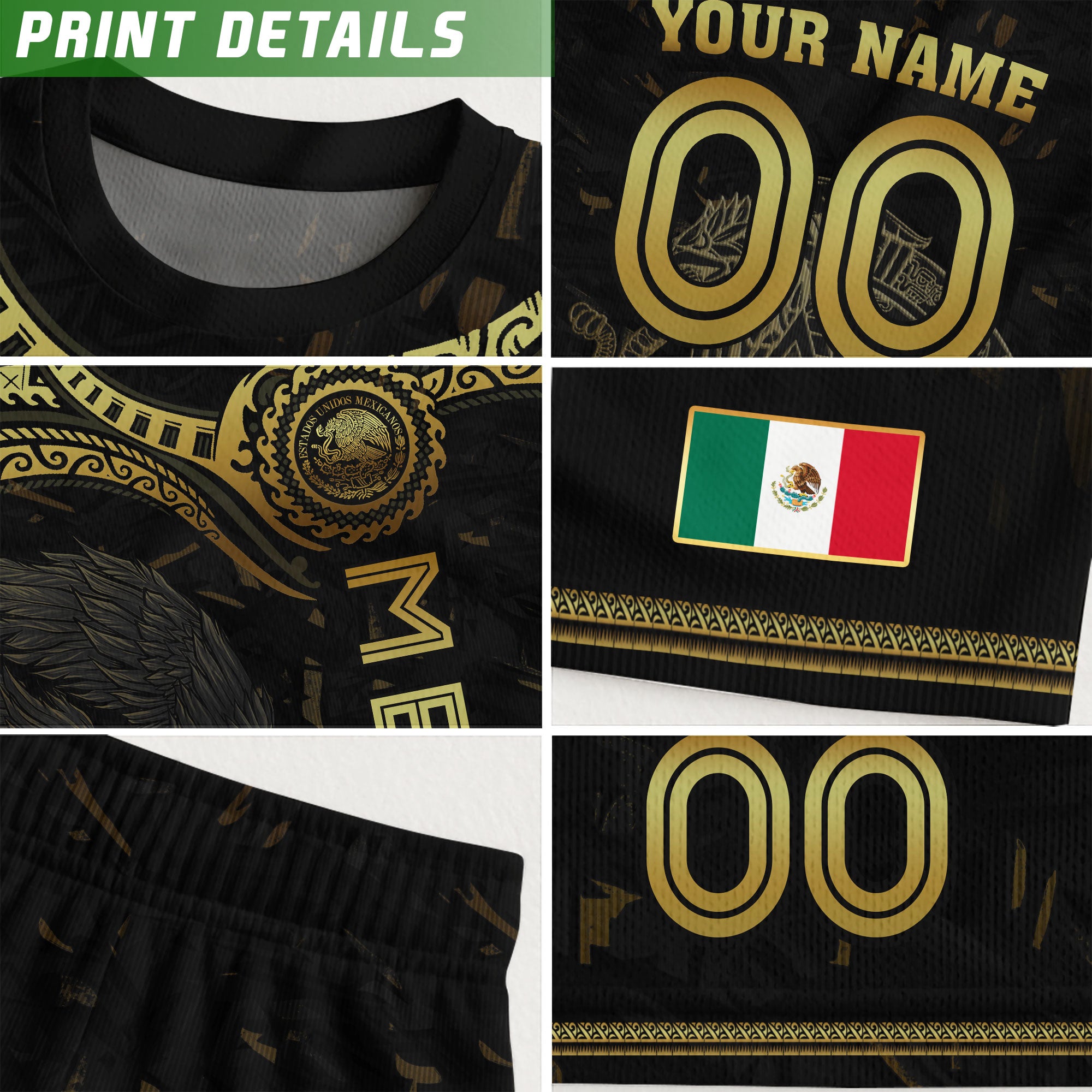Custom Mexico Jersey Black Gold Eagle Serpent Aztec Design