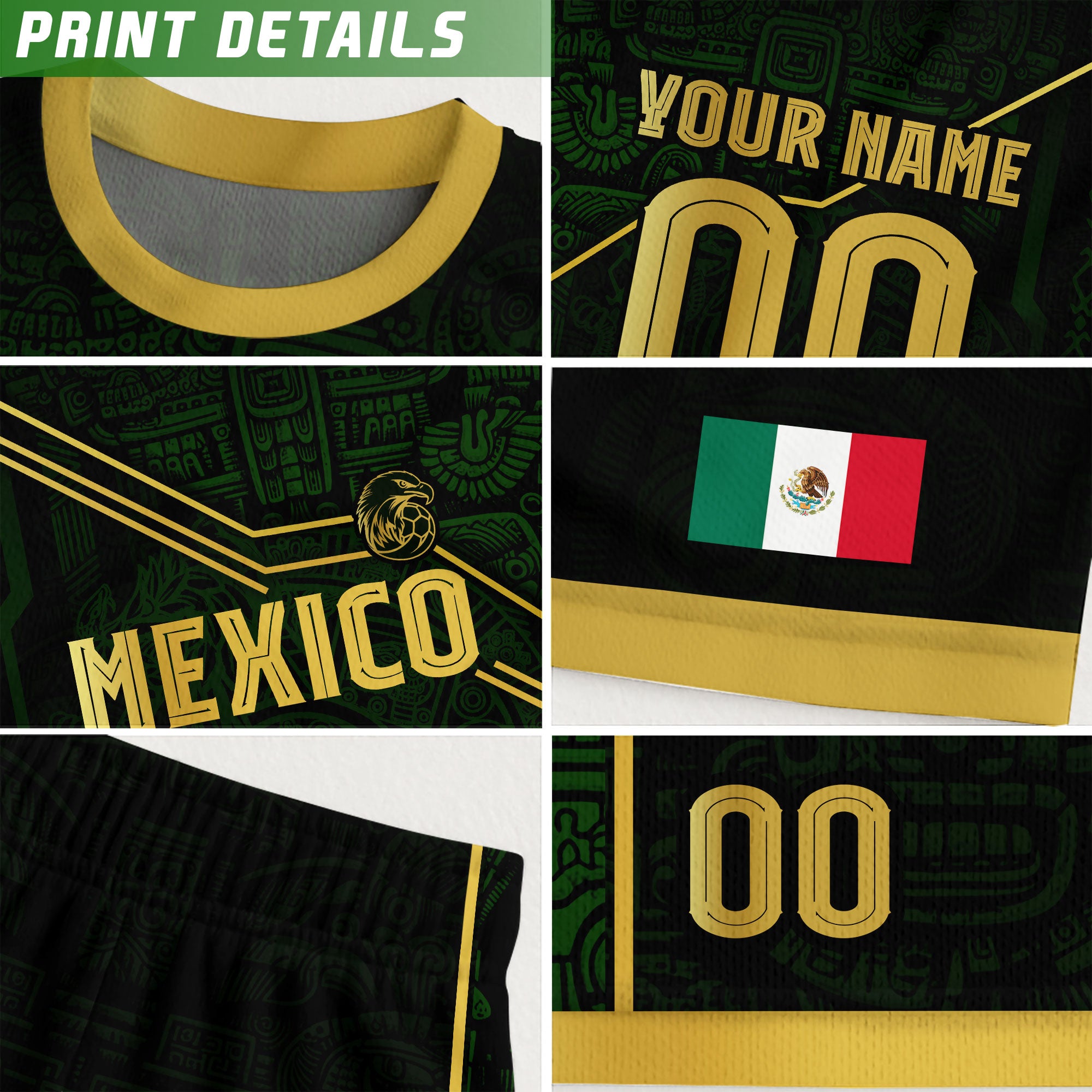 Custom Mexico Jersey Black Green Gold Aztec Heritage Design