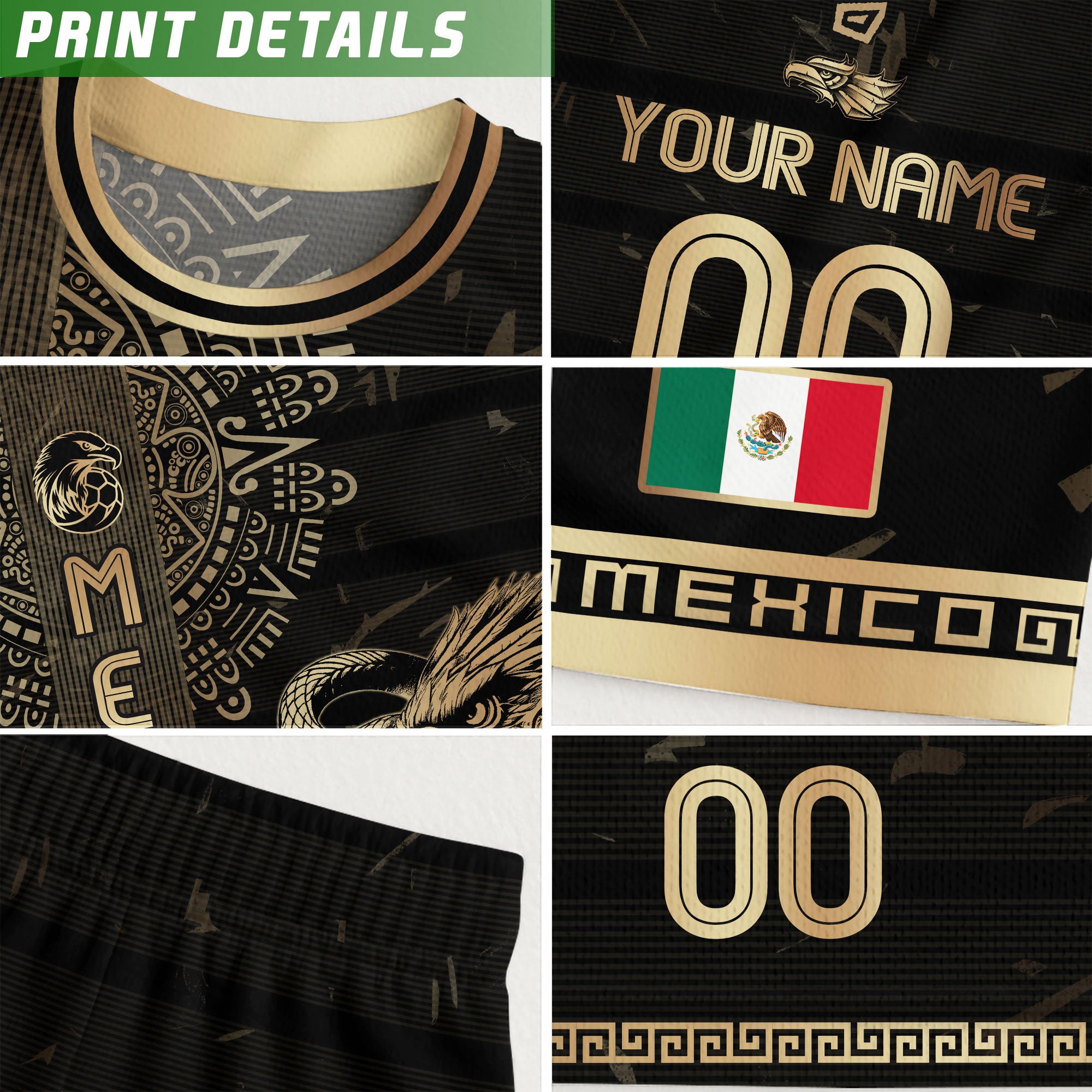 Custom Mexico Jersey Black Gold Eagle Serpent Aztec Warrior Design