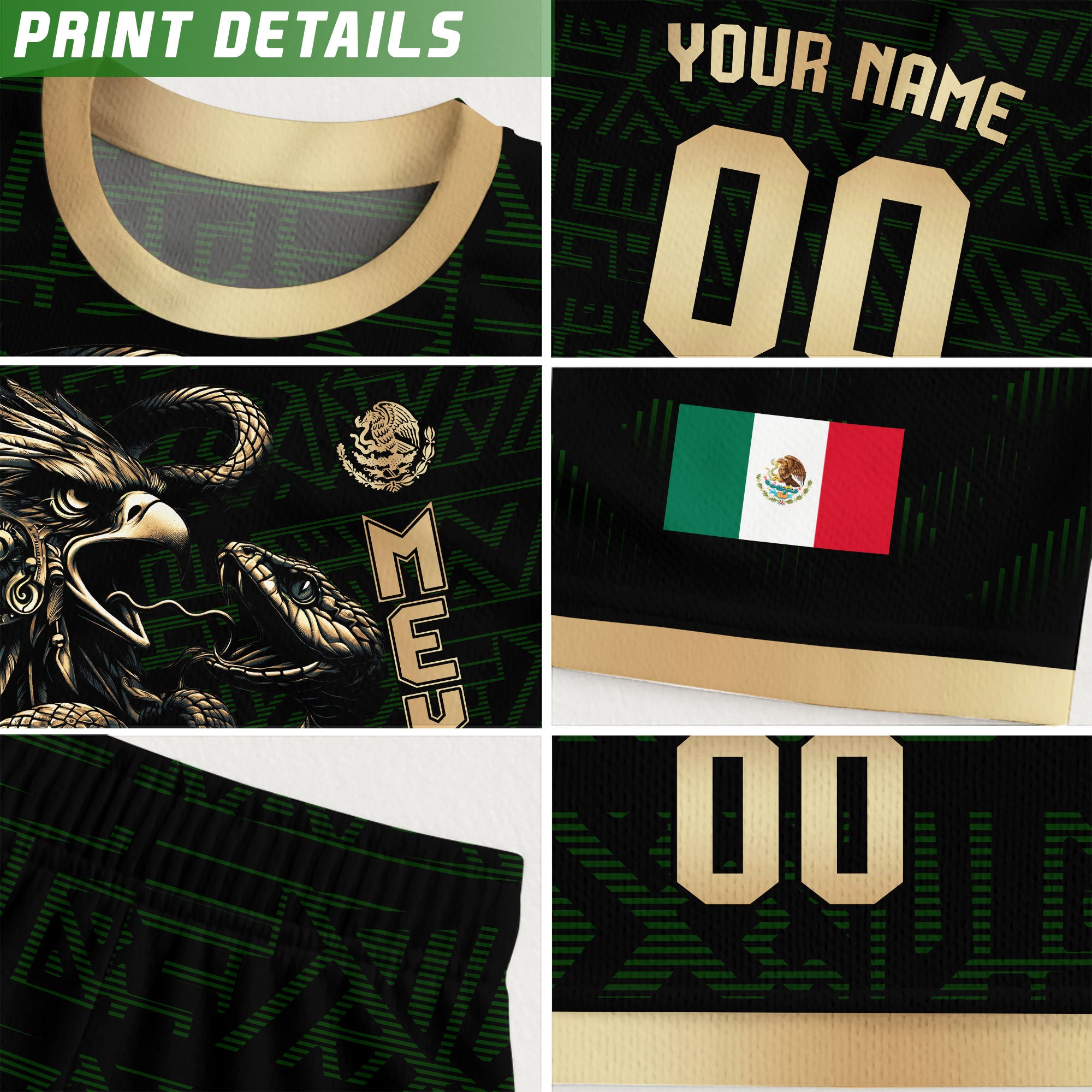 Custom Mexico Soccer Jersey Black Gold Aztec Eagle Design