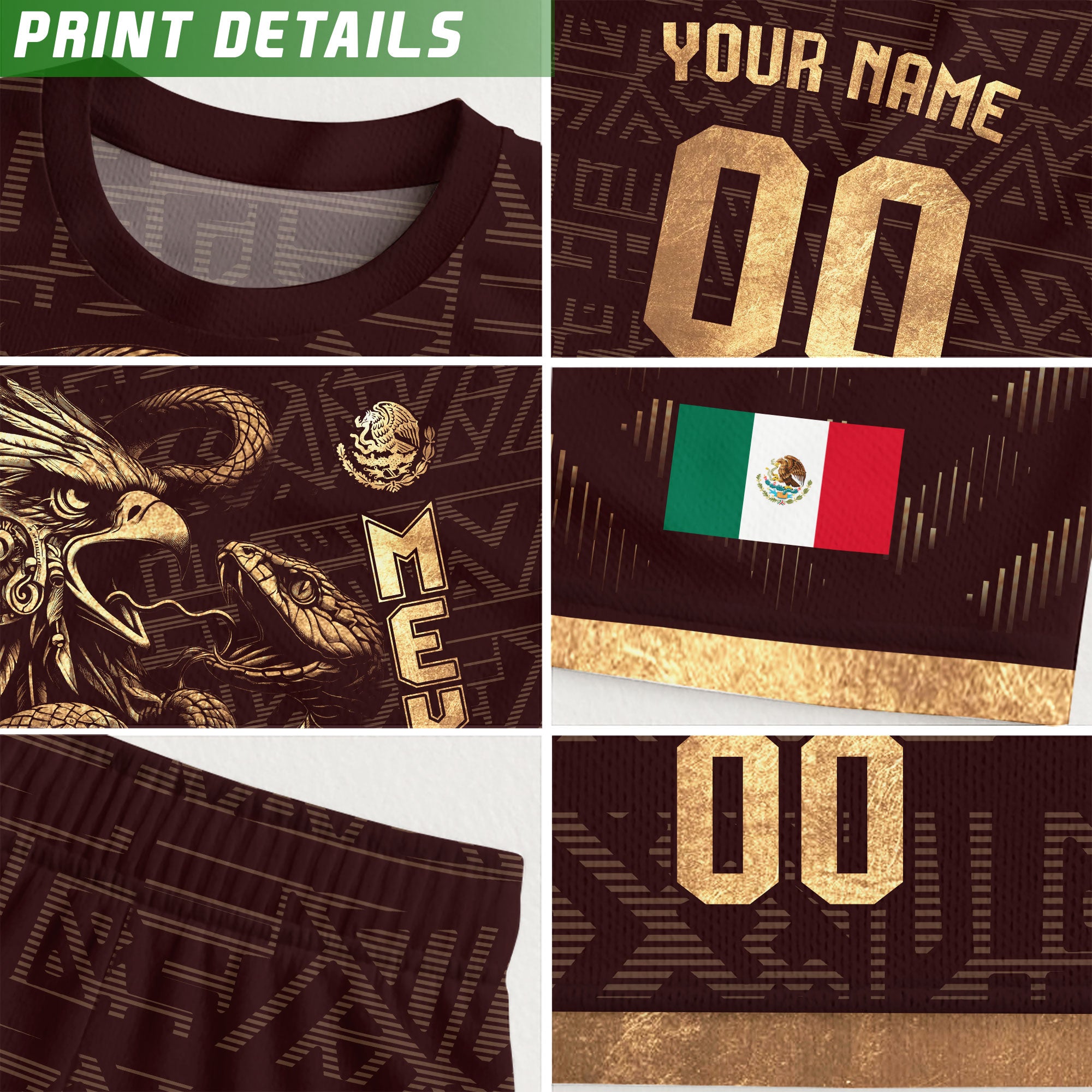Custom Mexico Soccer Jersey Burgundy Gold Aztec Eagle Design