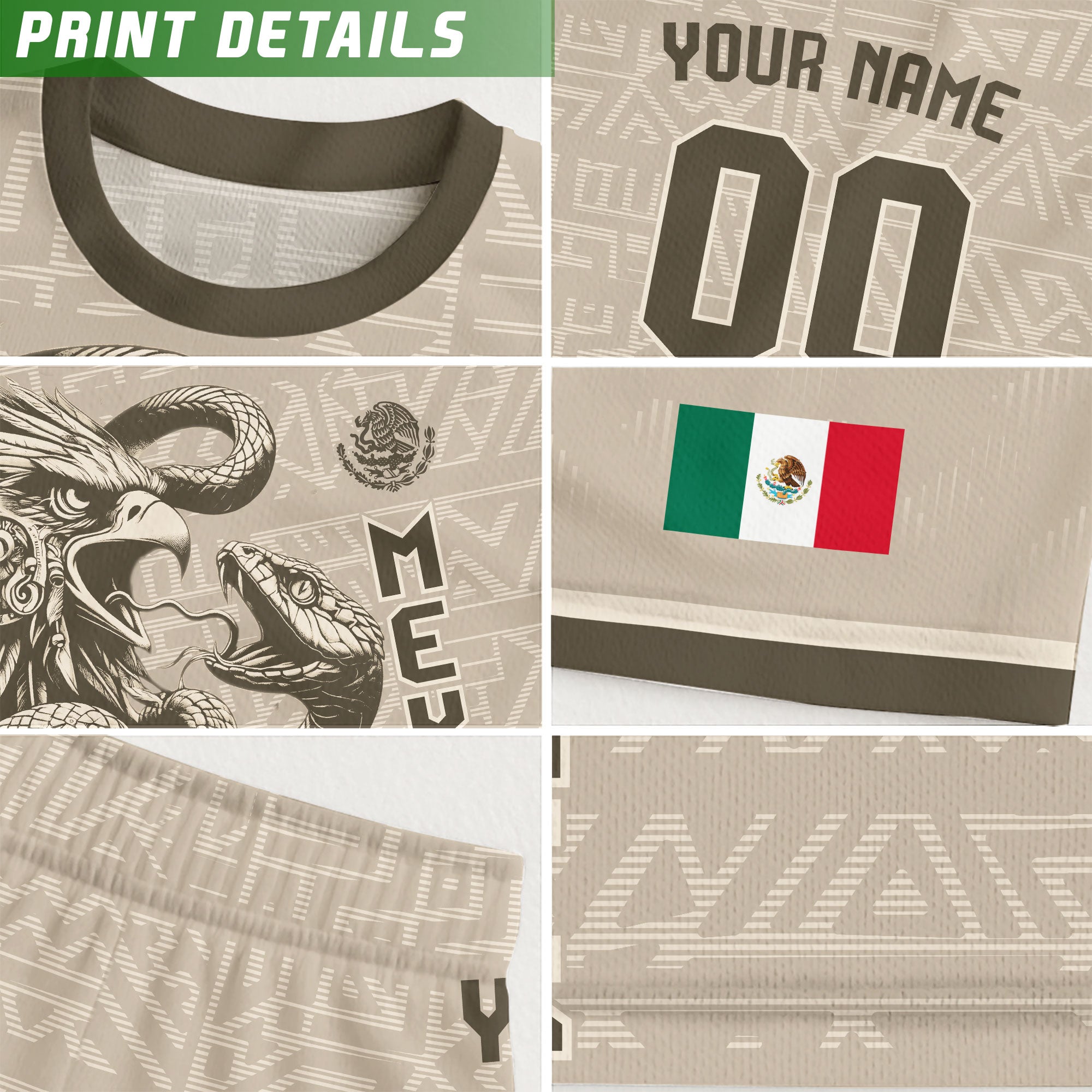 Custom Mexico Soccer Jersey Beige Aztec Eagle Design