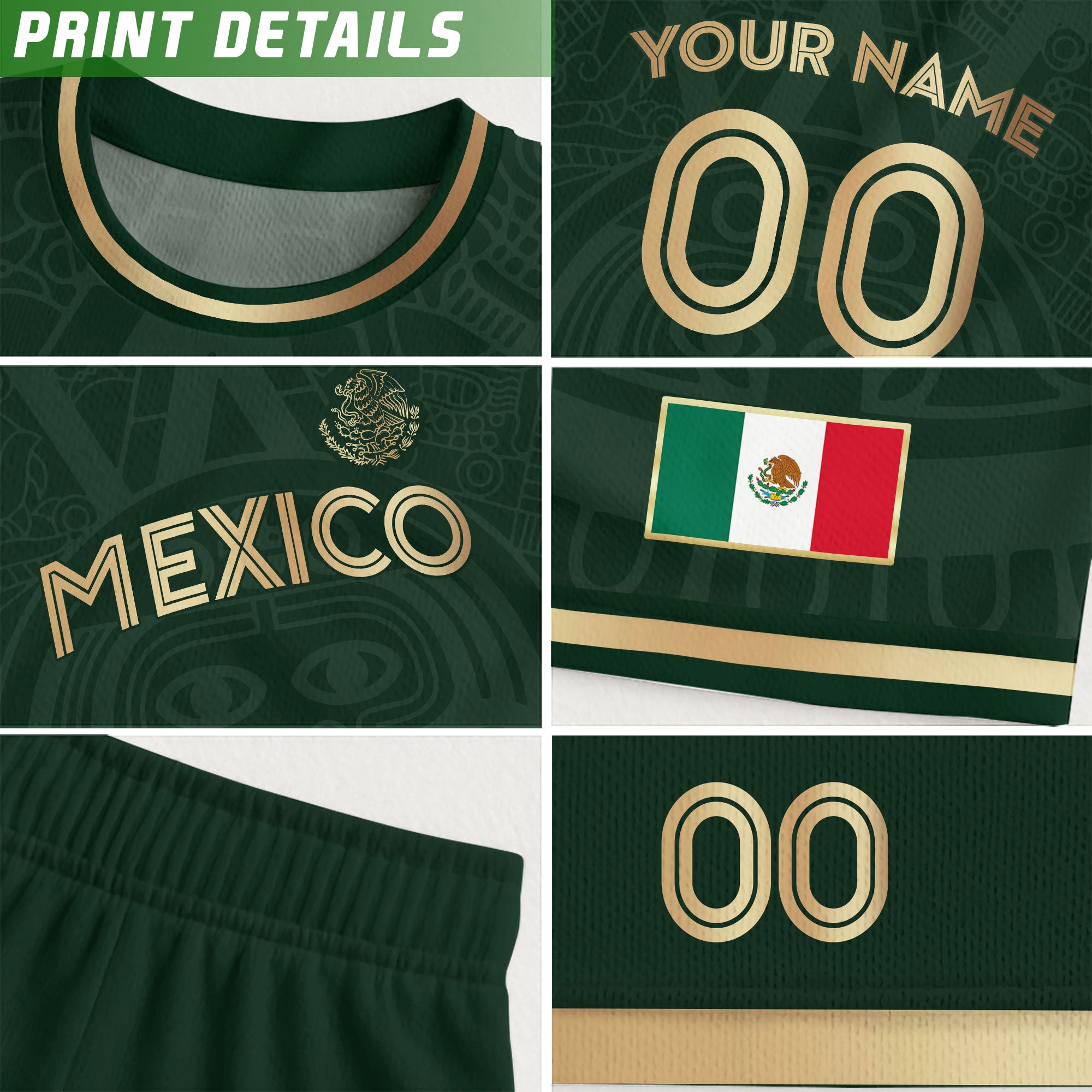 Custom Mexico Soccer Jersey Green Gold Aztec Calendar Design