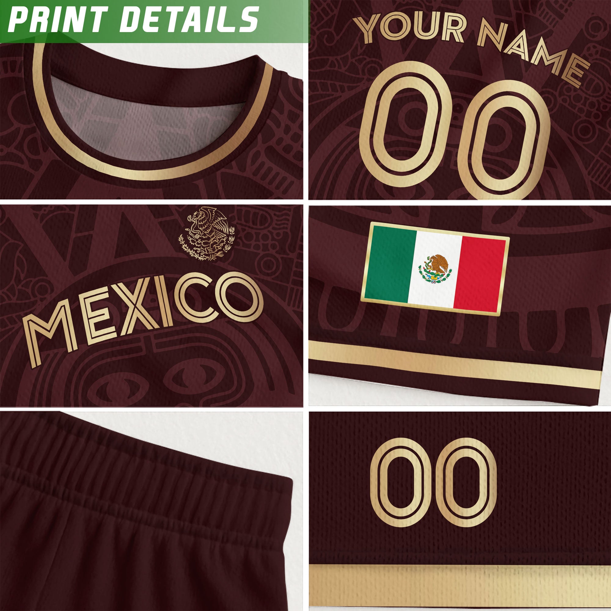 Custom Mexico Soccer Jersey Maroon Gold Aztec Calendar Design