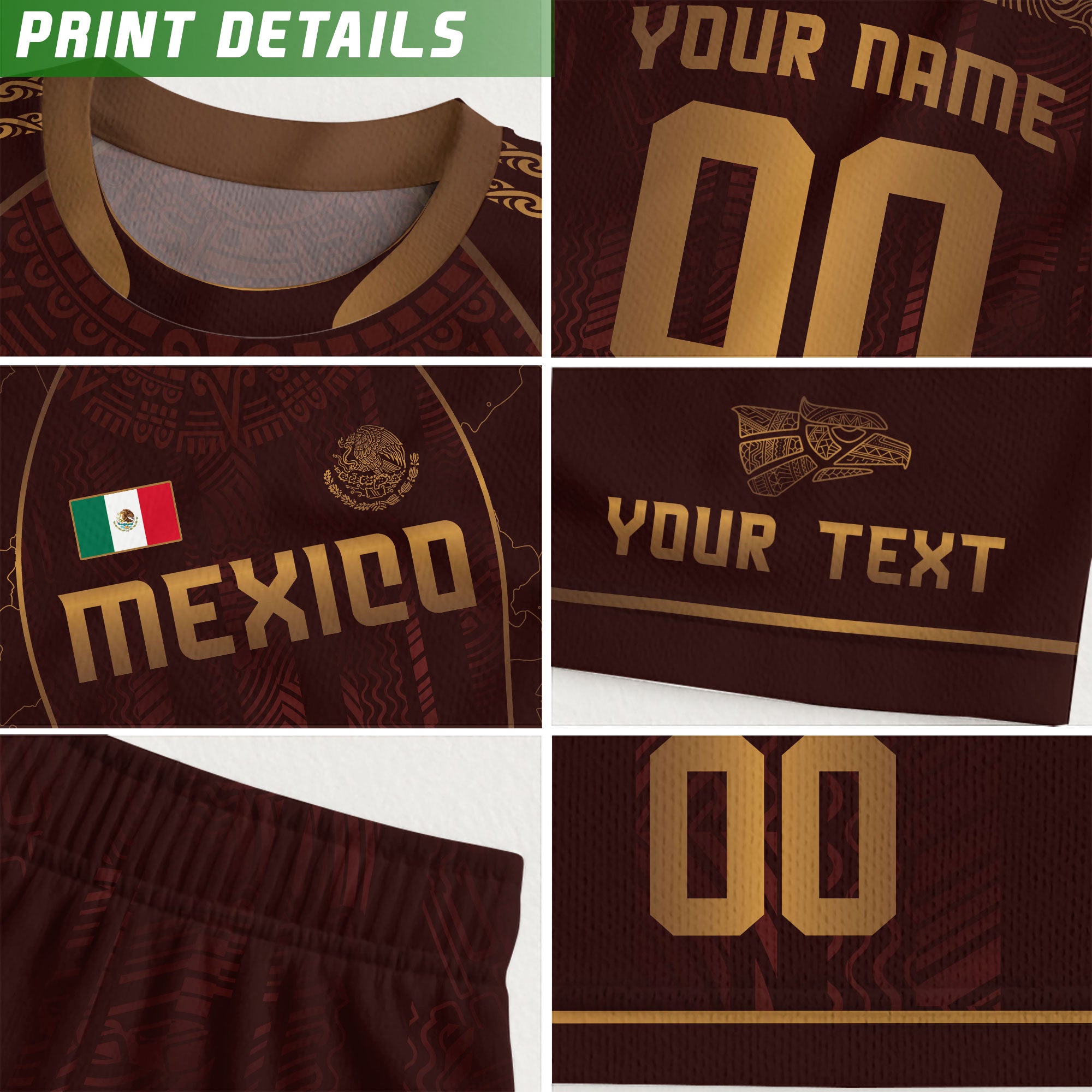 Custom Mexico Soccer Jersey Burgundy Gold Aztec Pattern Heritage Design