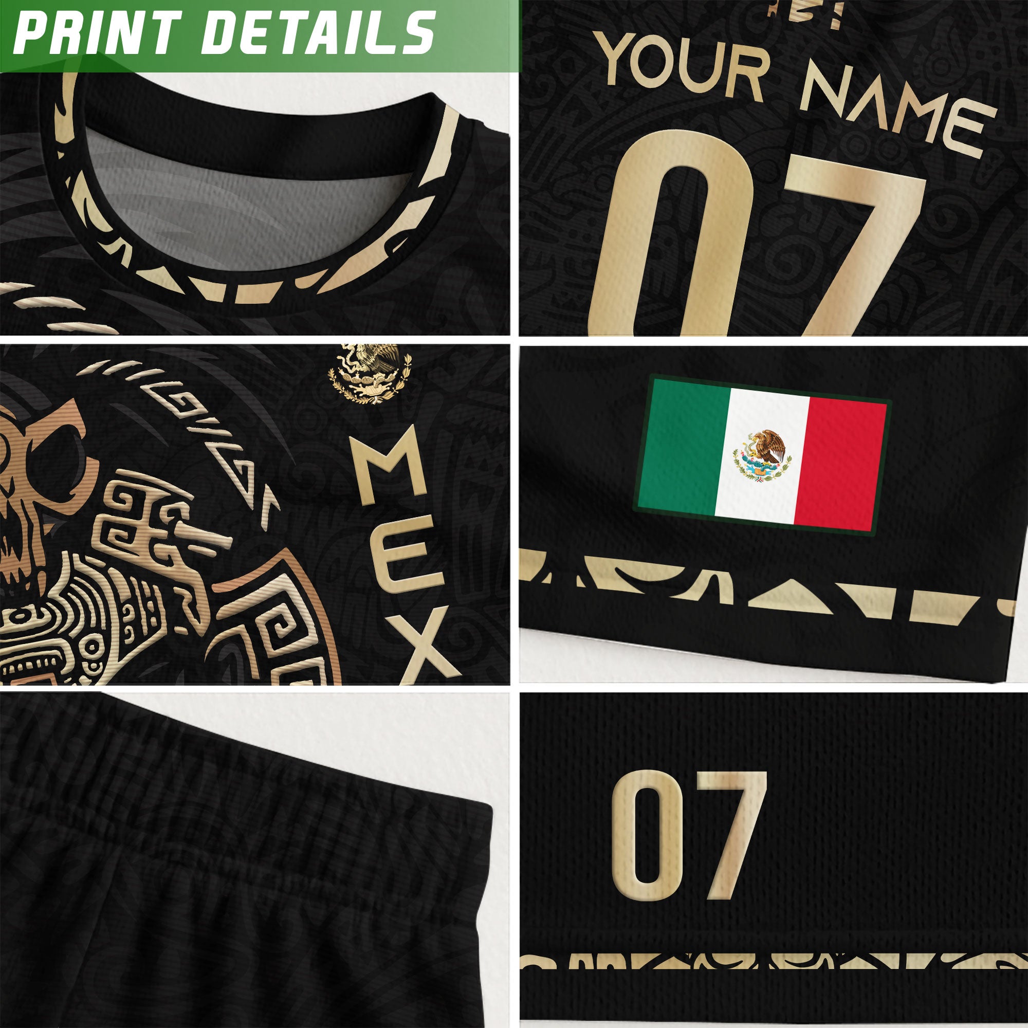 Custom Mexico Soccer Jersey Black Gold Aztec Warrior Face Design