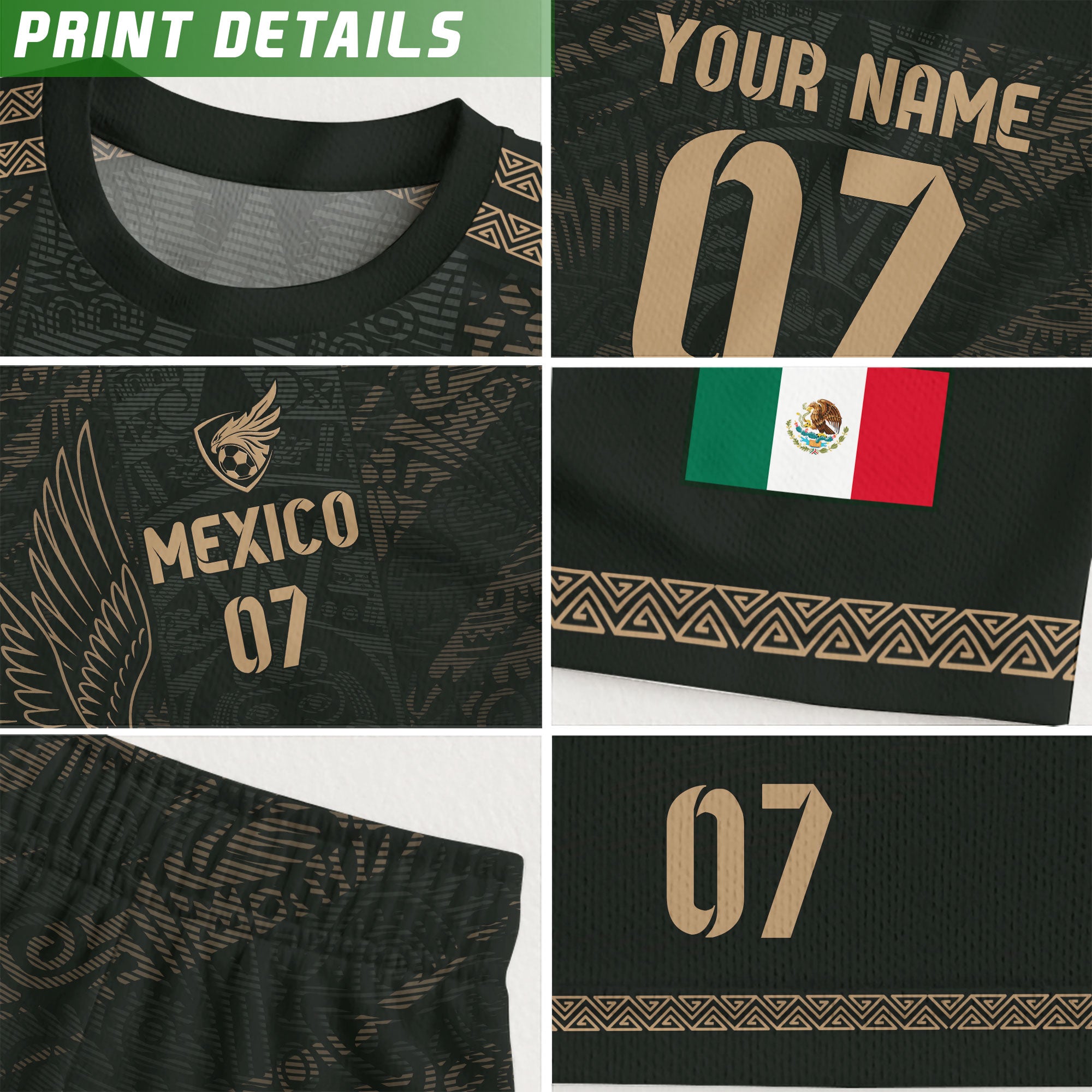Custom Mexico Soccer Jersey Black Gold Eagle Design