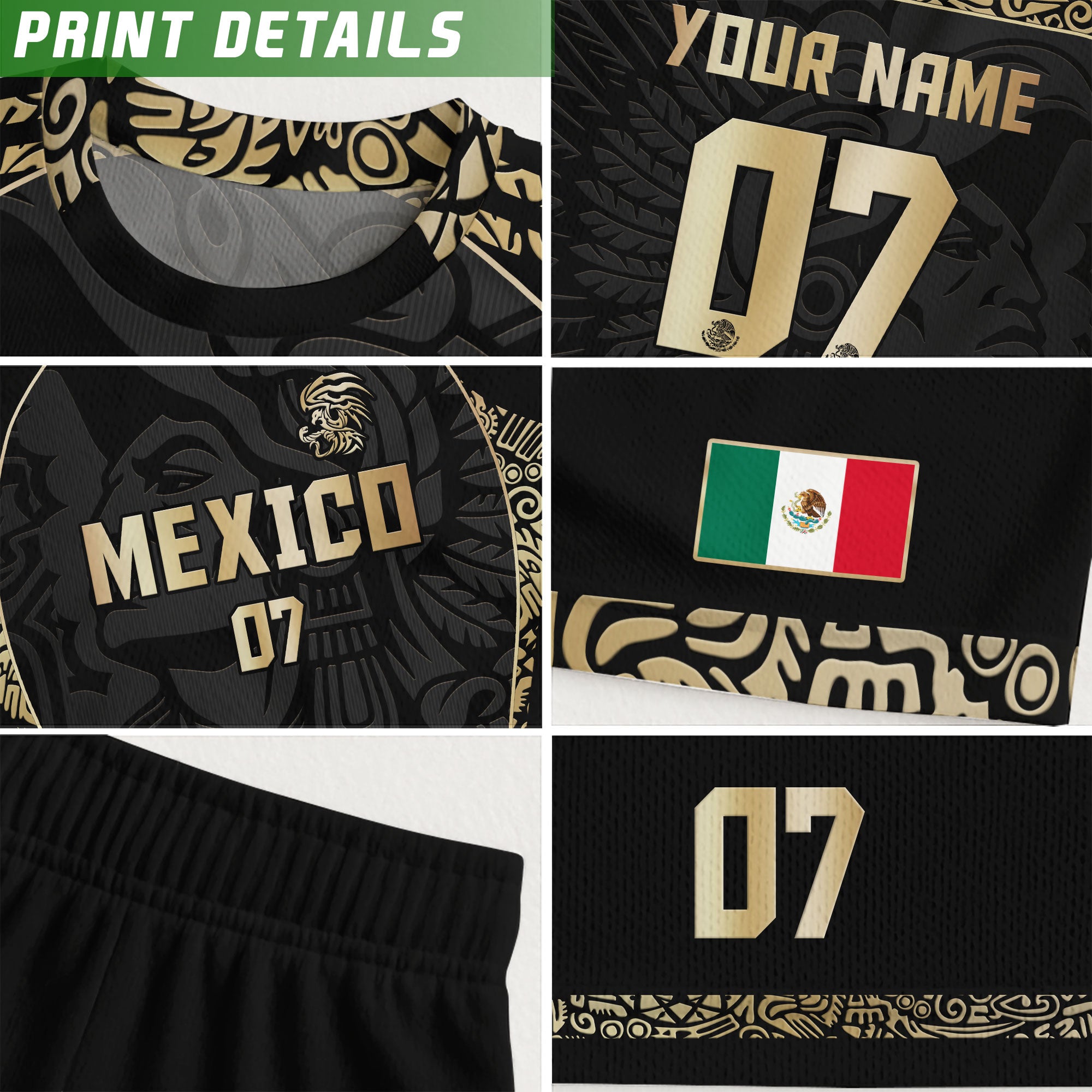 Custom Mexico Soccer Jersey Black Gold Aztec Eagle Pyramid Design