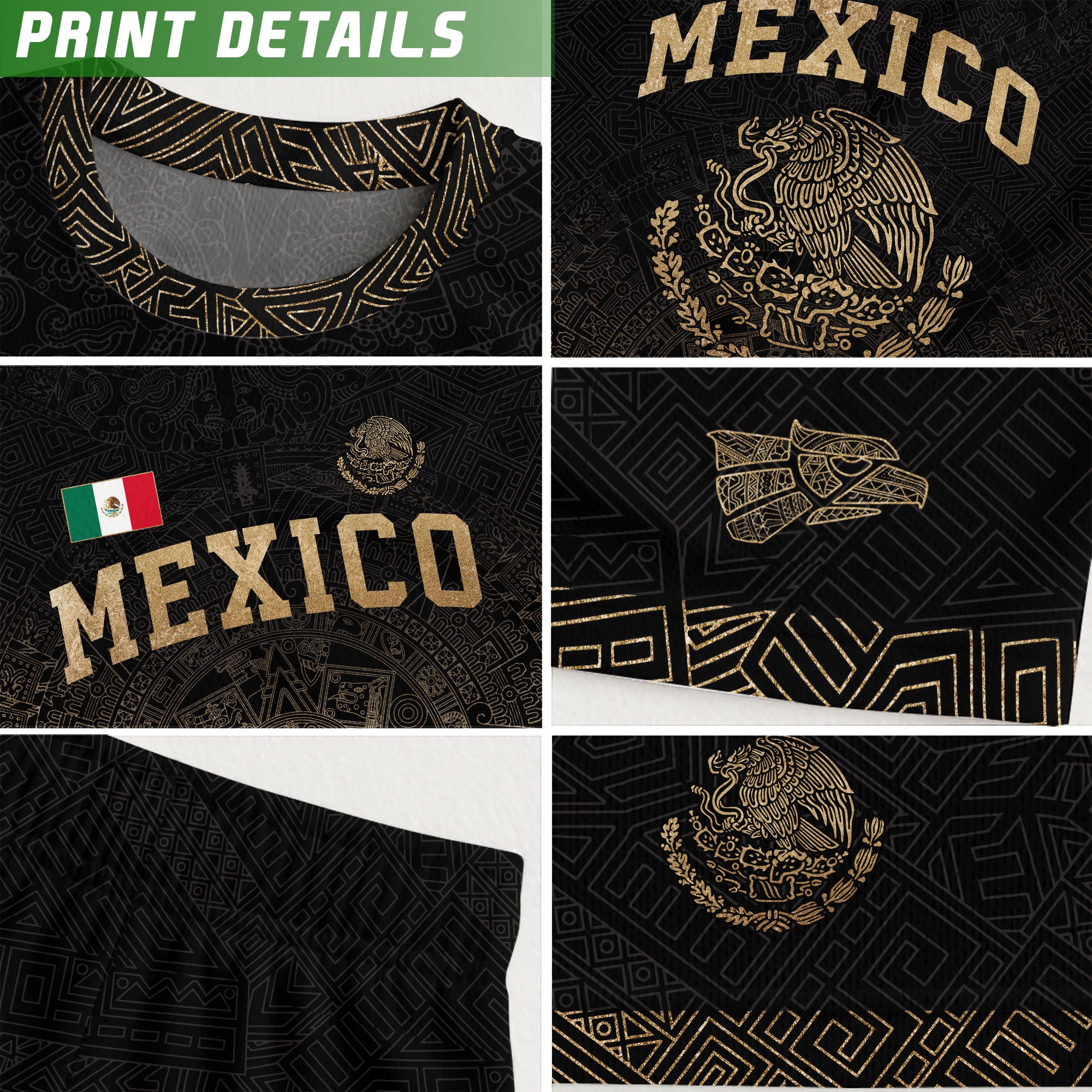 Mexico Soccer Jersey Black Gold Aztec Calendar Eagle Emblem Design