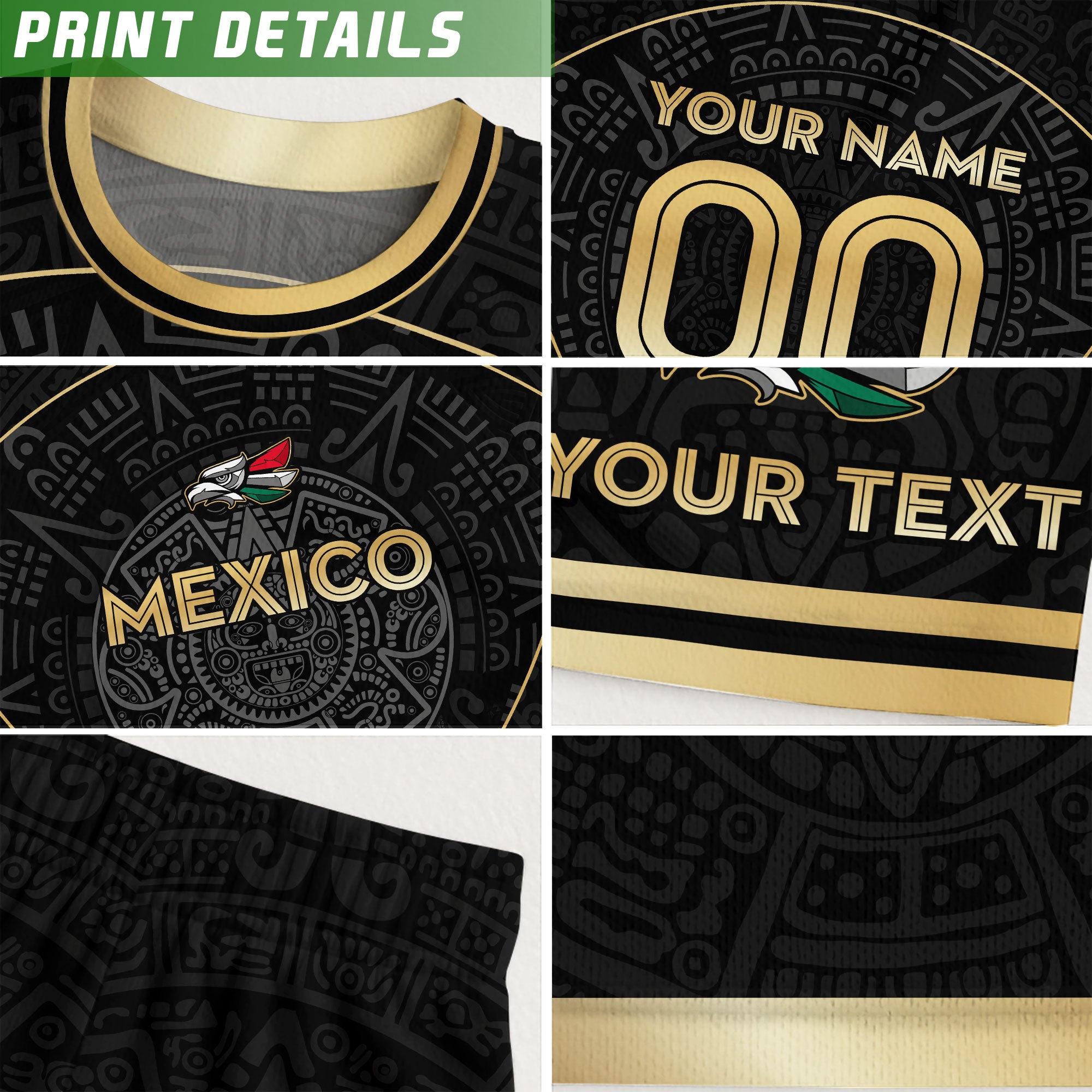 Custom Mexico Soccer Jersey Black Gold Aztec Calendar Design