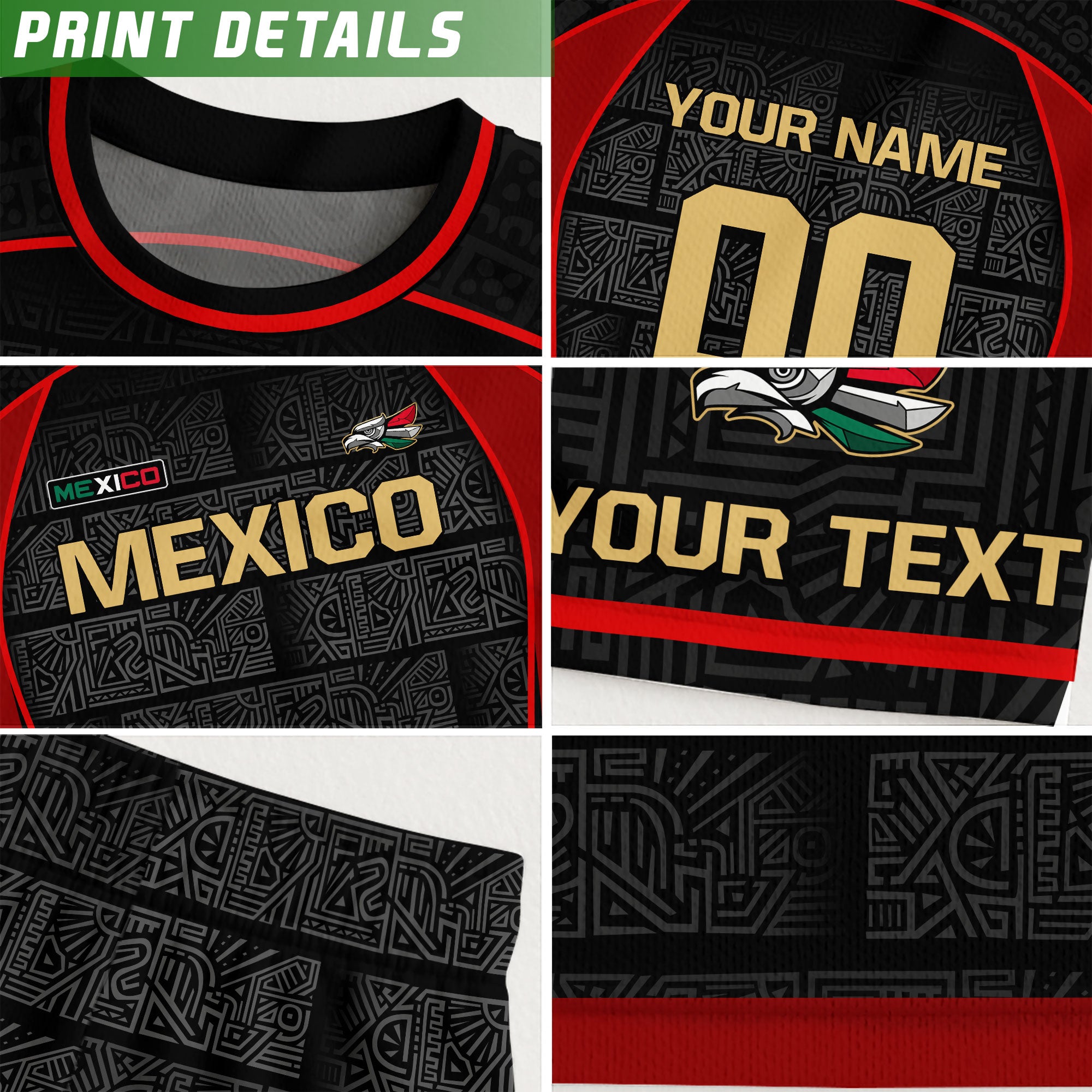 Custom Mexico Soccer Jersey Black Red Gold Aztec Pattern Design