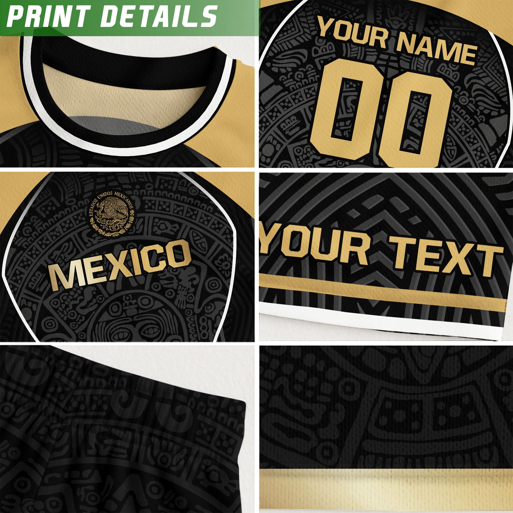 Custom Mexico Soccer Jersey Black Gold Heritage Aztec Pattern Design