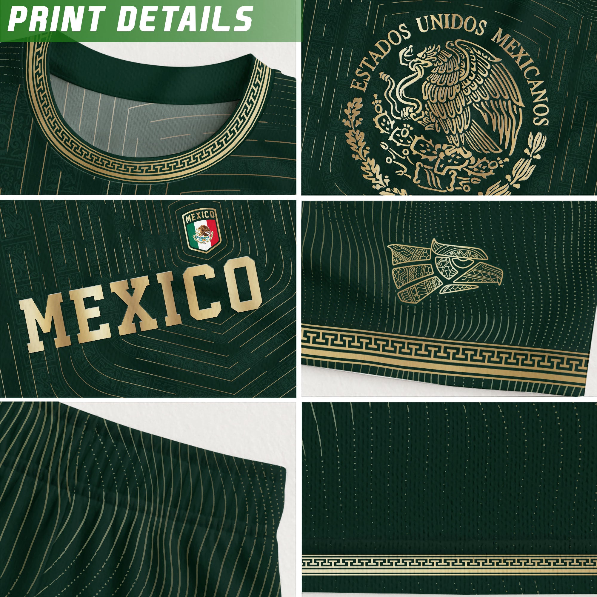 Camiseta de fútbol premium con emblema de águila azteca verde y dorado de México