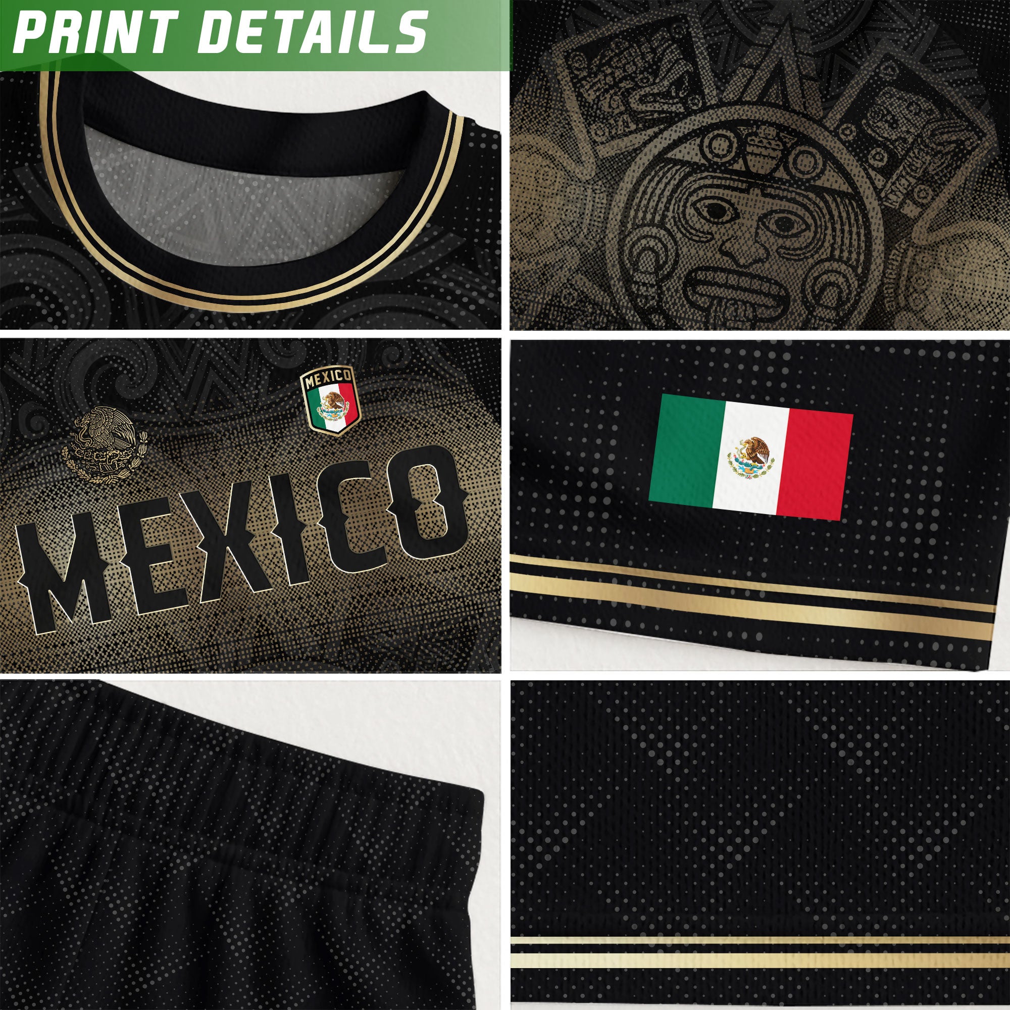 Camiseta de fútbol premium con emblema de águila azteca verde y dorado de México