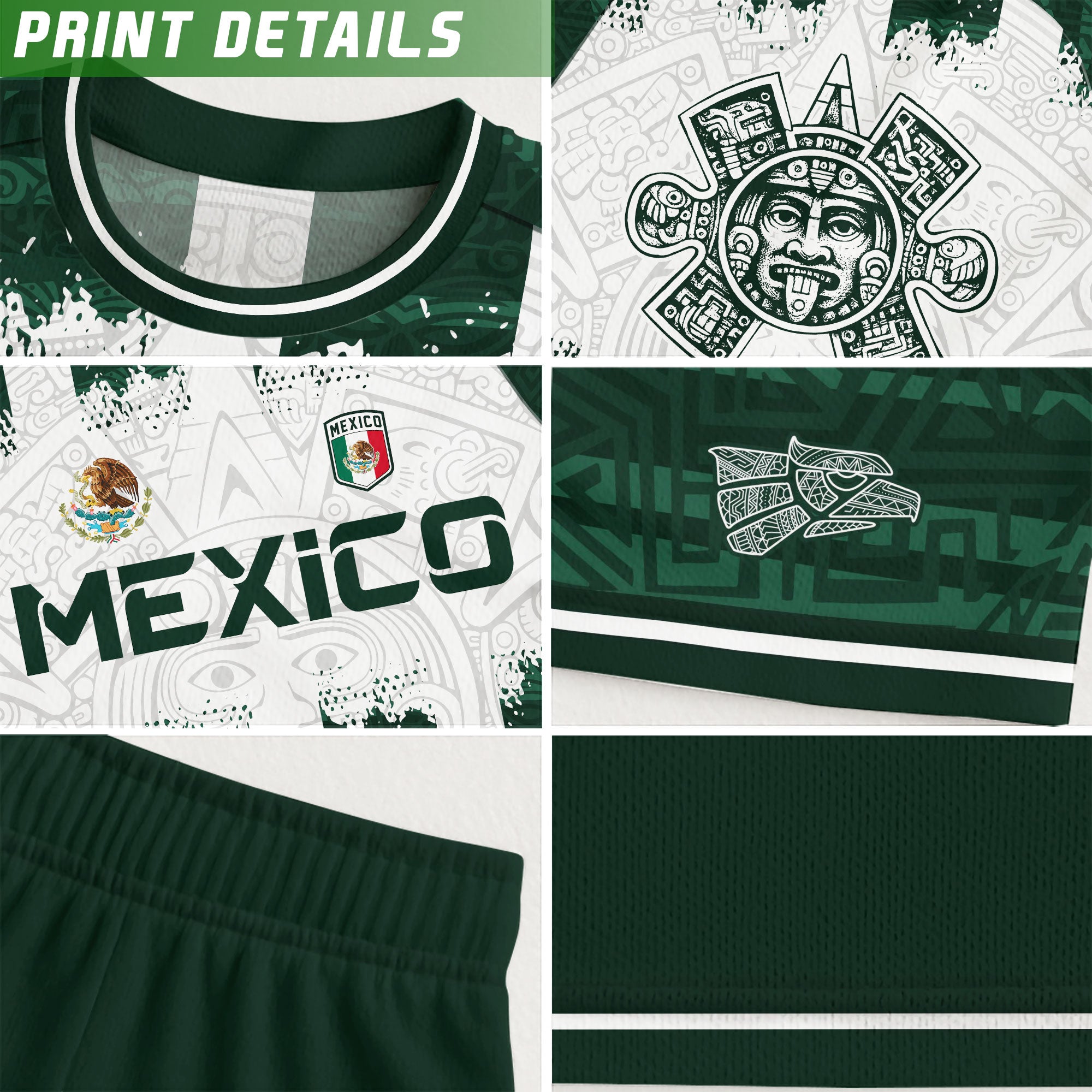 Camiseta de fútbol premium con emblema de águila azteca verde y dorado de México