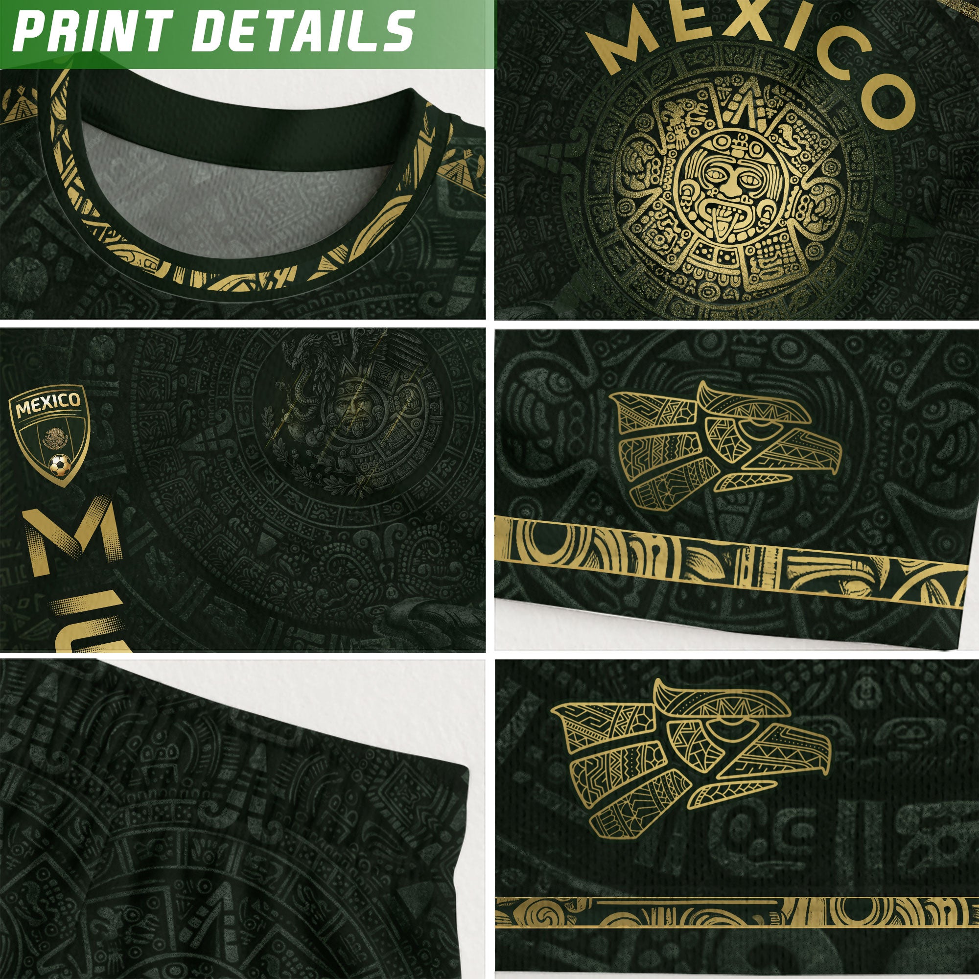 Camiseta de fútbol premium con emblema de águila azteca verde y dorado de México