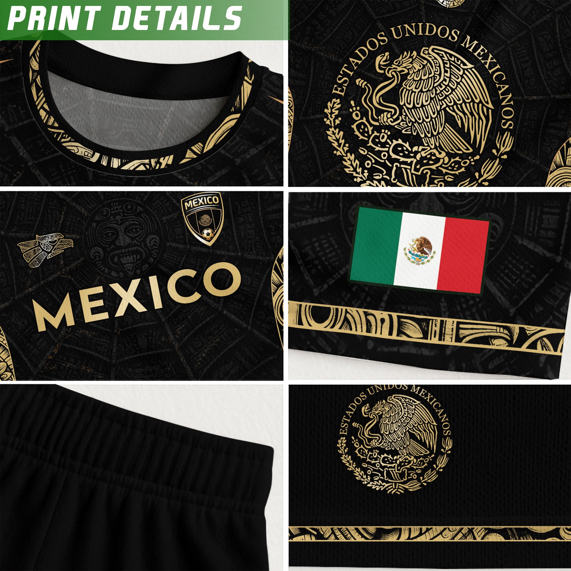 Camiseta de fútbol premium con emblema de águila azteca verde y dorado de México