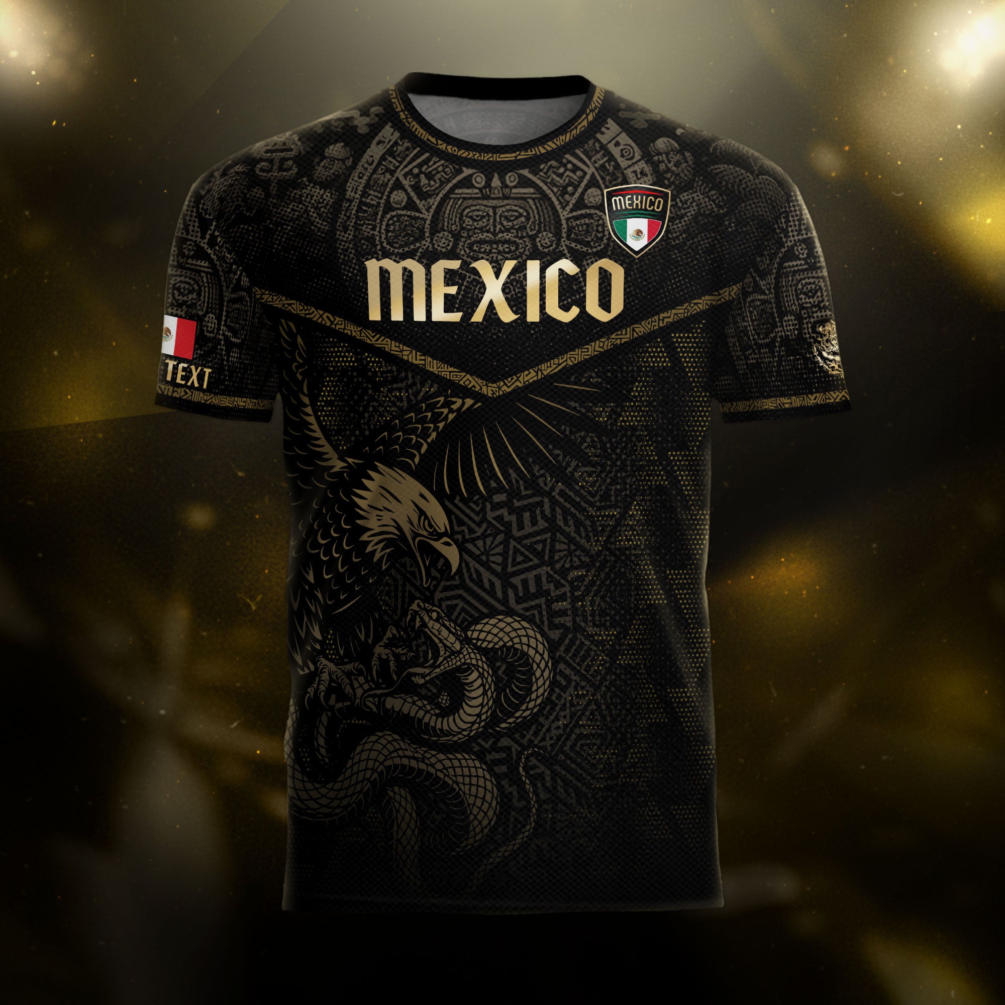 Custom Mexico Soccer Jersey Black Gold Aztec Eagle Serpent Design