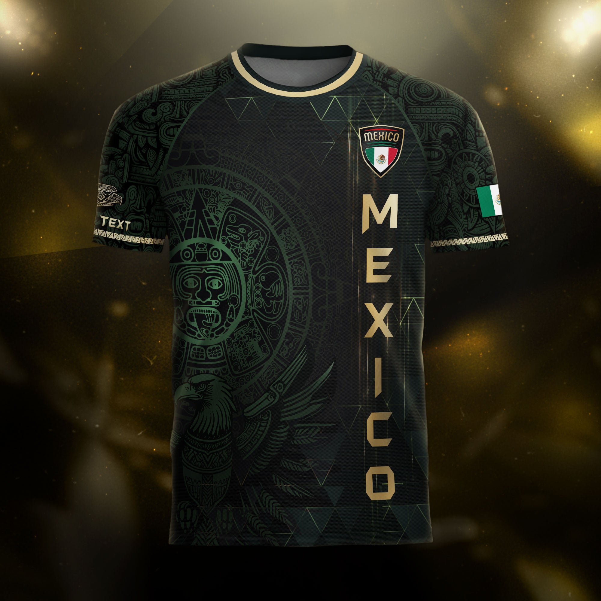 Custom Mexico Soccer Jersey Black Gold Heritage Aztec Calendar Design