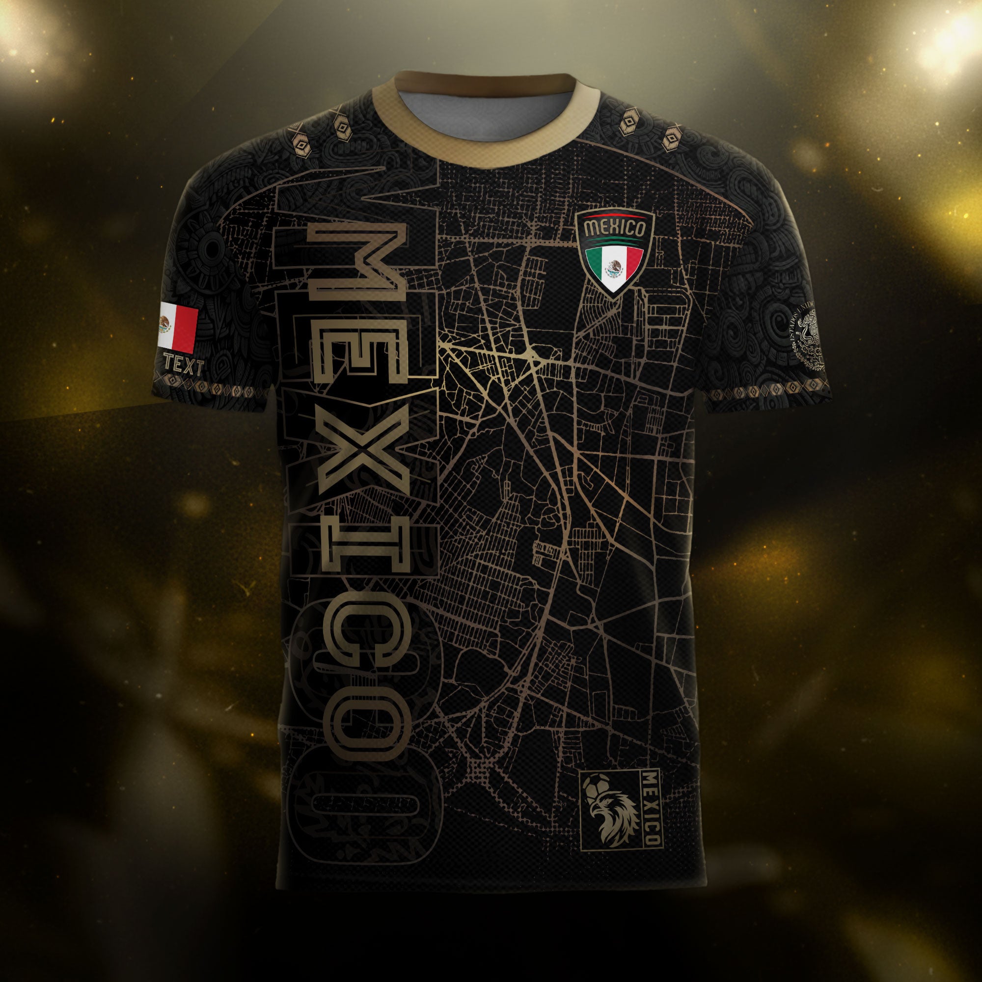 Custom Mexico Soccer Jersey Black Gold Heritage Map Aztec Design