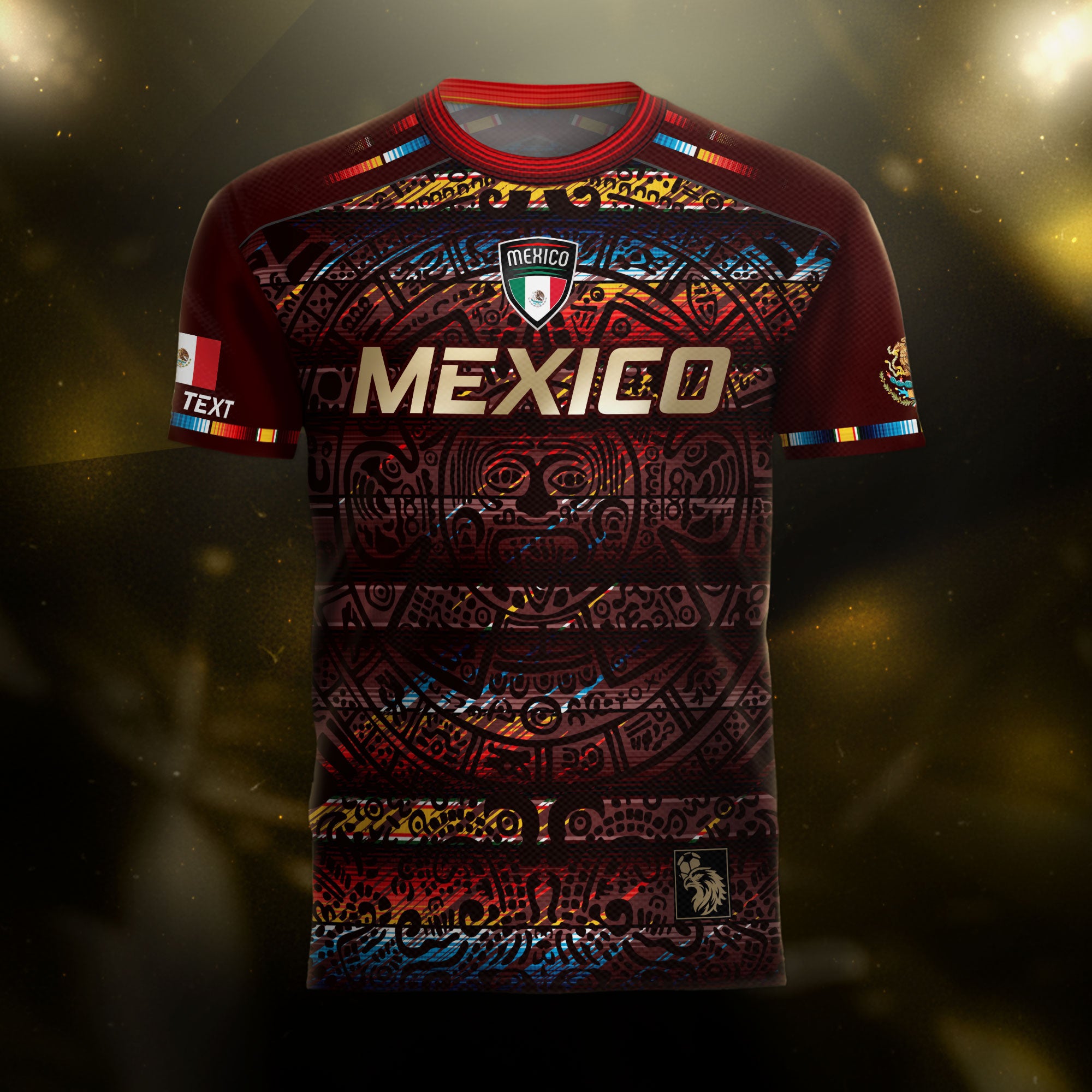 Custom Mexico Soccer Jersey Burgundy Gold Heritage Aztec Calendar Design