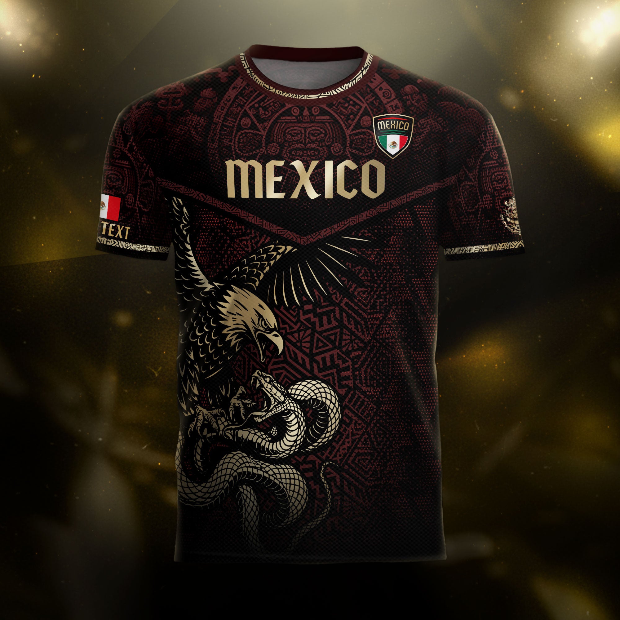 Custom Mexico Soccer Jersey Burgundy Gold Aztec Eagle Serpent Design