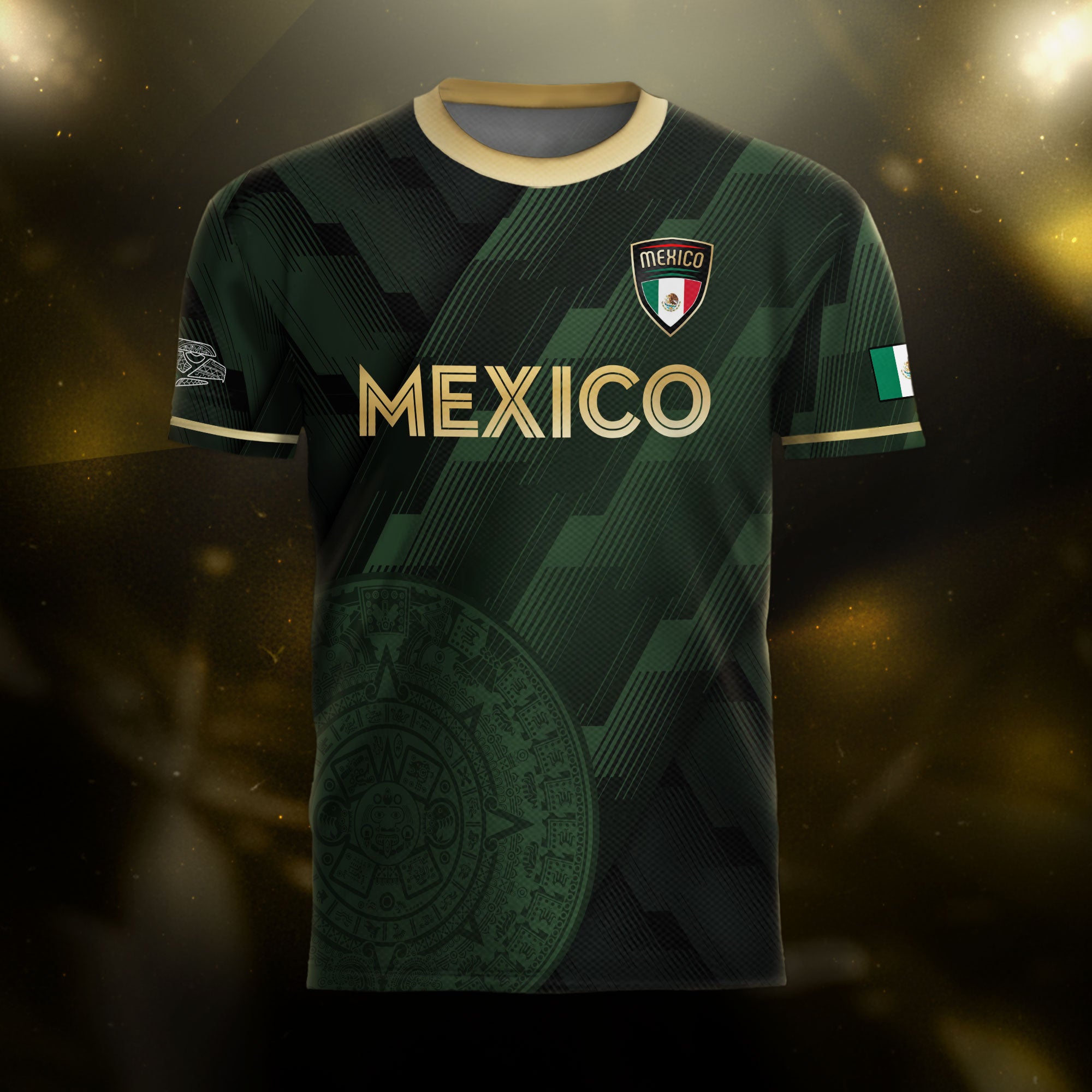 Mexico Green Soccer Jersey with Golden Aztec Sunstone Design