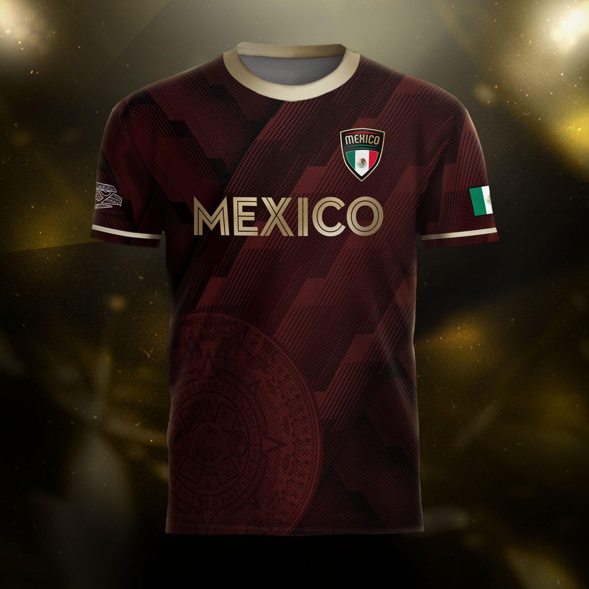 Mexico Burgundy Soccer Jersey with Golden Aztec Sunstone and Eagle Crest