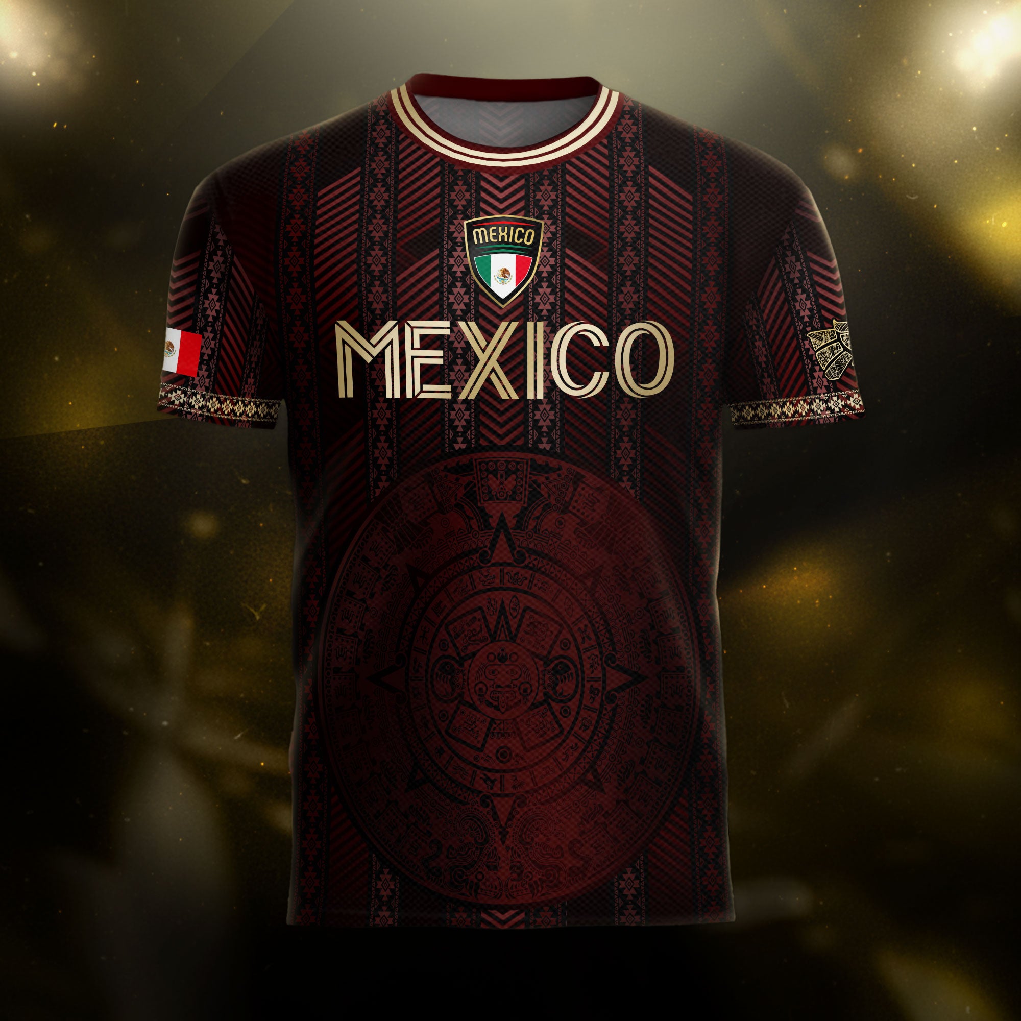 Mexico Burgundy Soccer Jersey with Golden Aztec Calendar and Eagle Crest