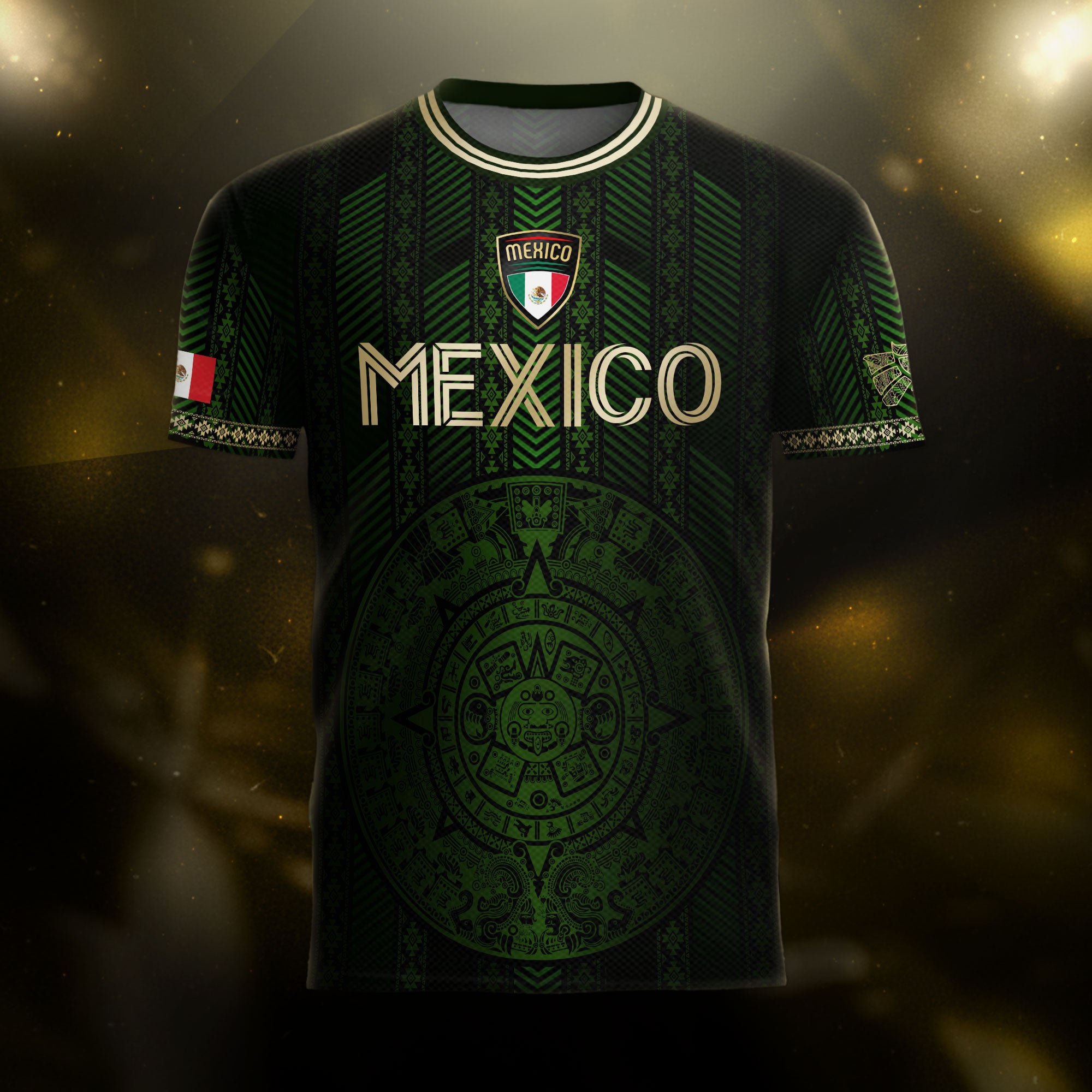 Mexico Green Soccer Jersey with Golden Aztec Calendar and Eagle Crest