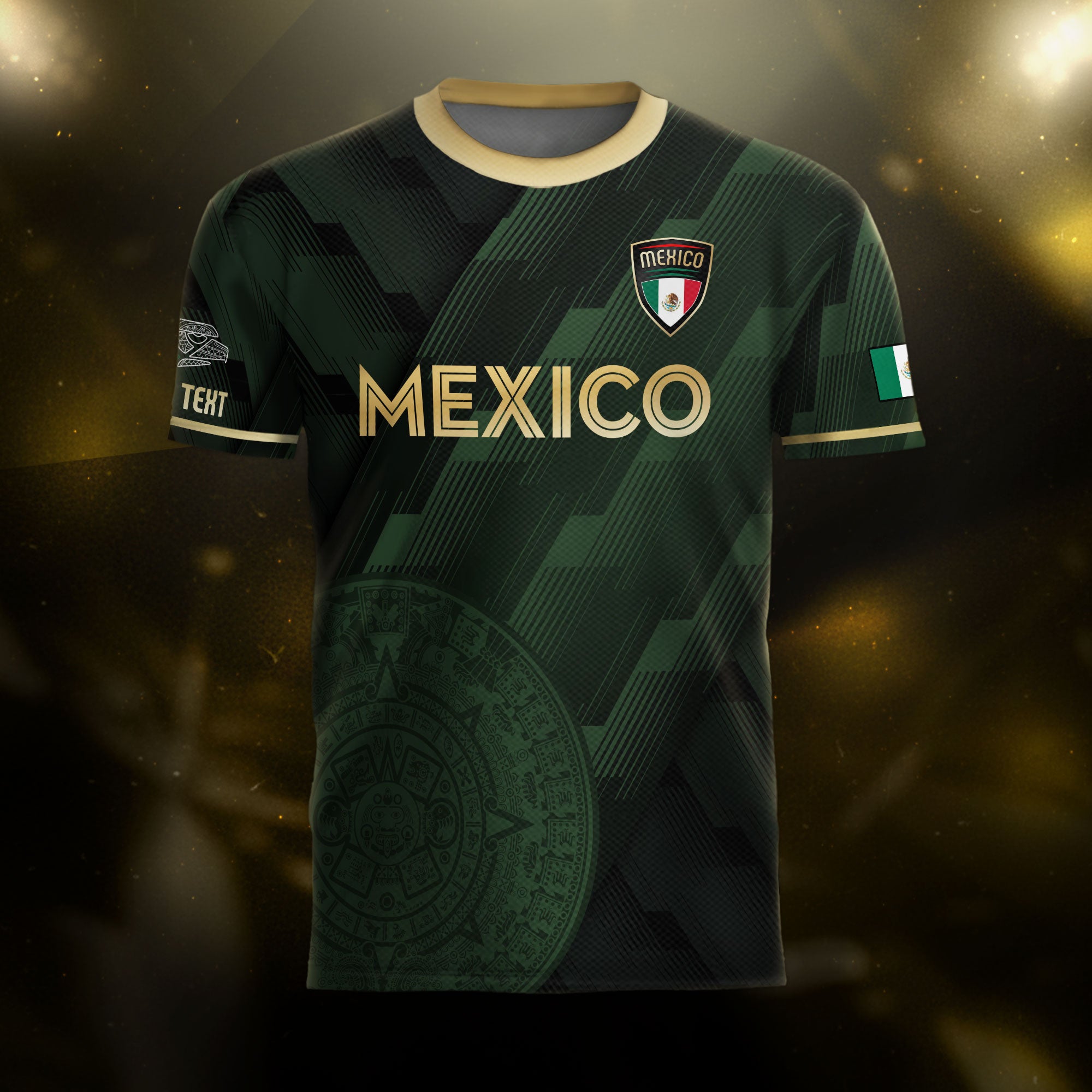 Camiseta de fútbol verde de México personalizada con diseño de calendario azteca dorado