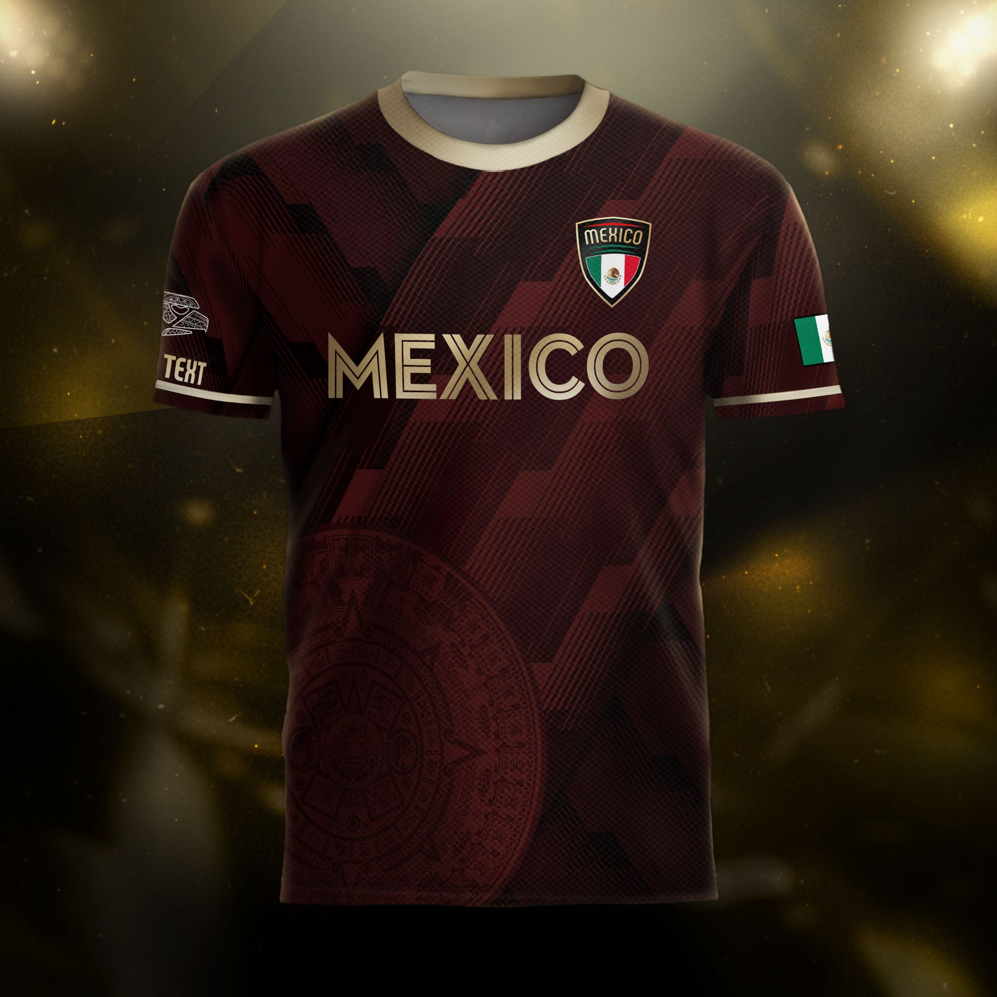 Custom Mexico Maroon Soccer Jersey with Golden Aztec Calendar Pattern