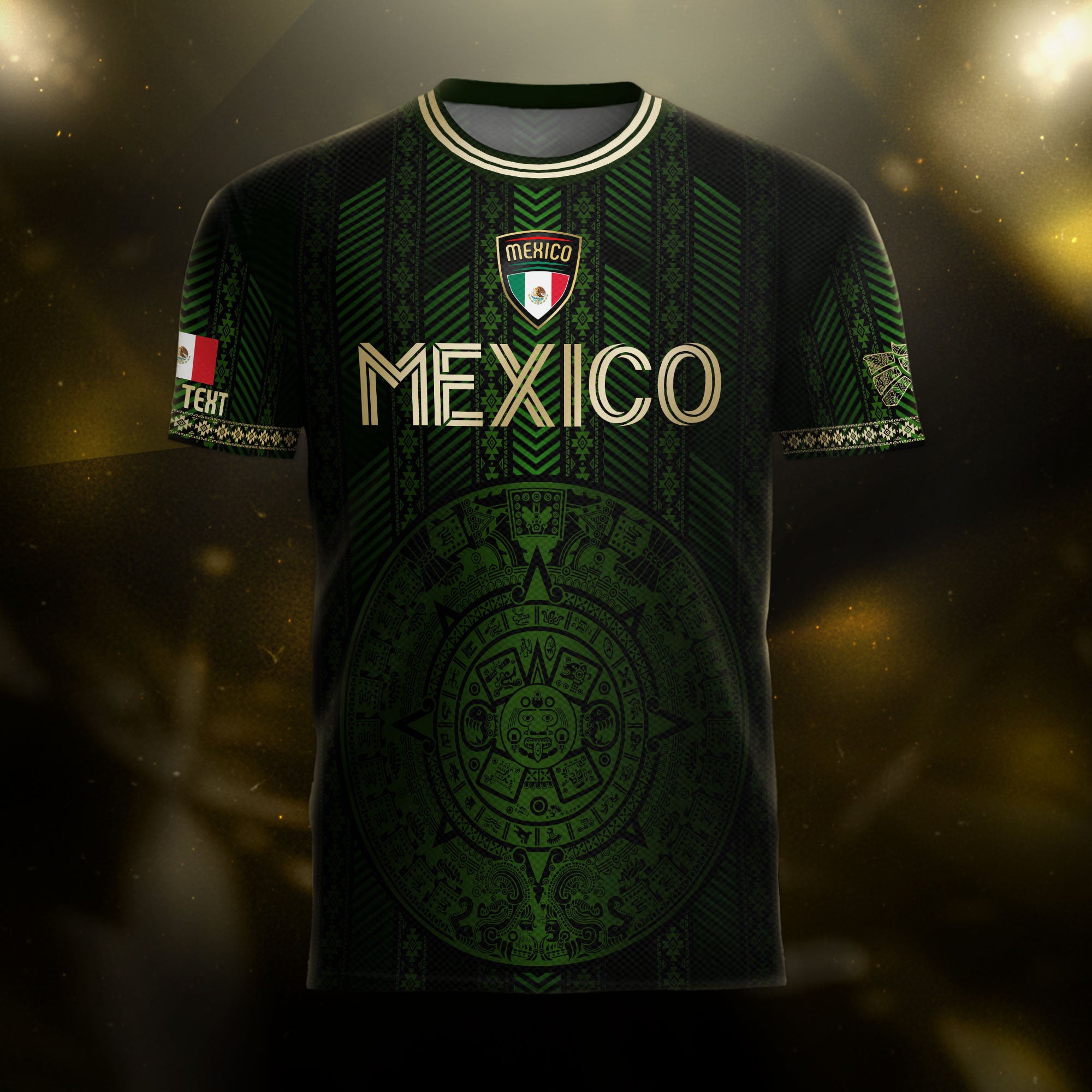 Custom Mexico Green Soccer Jersey with Golden Aztec Calendar Pattern