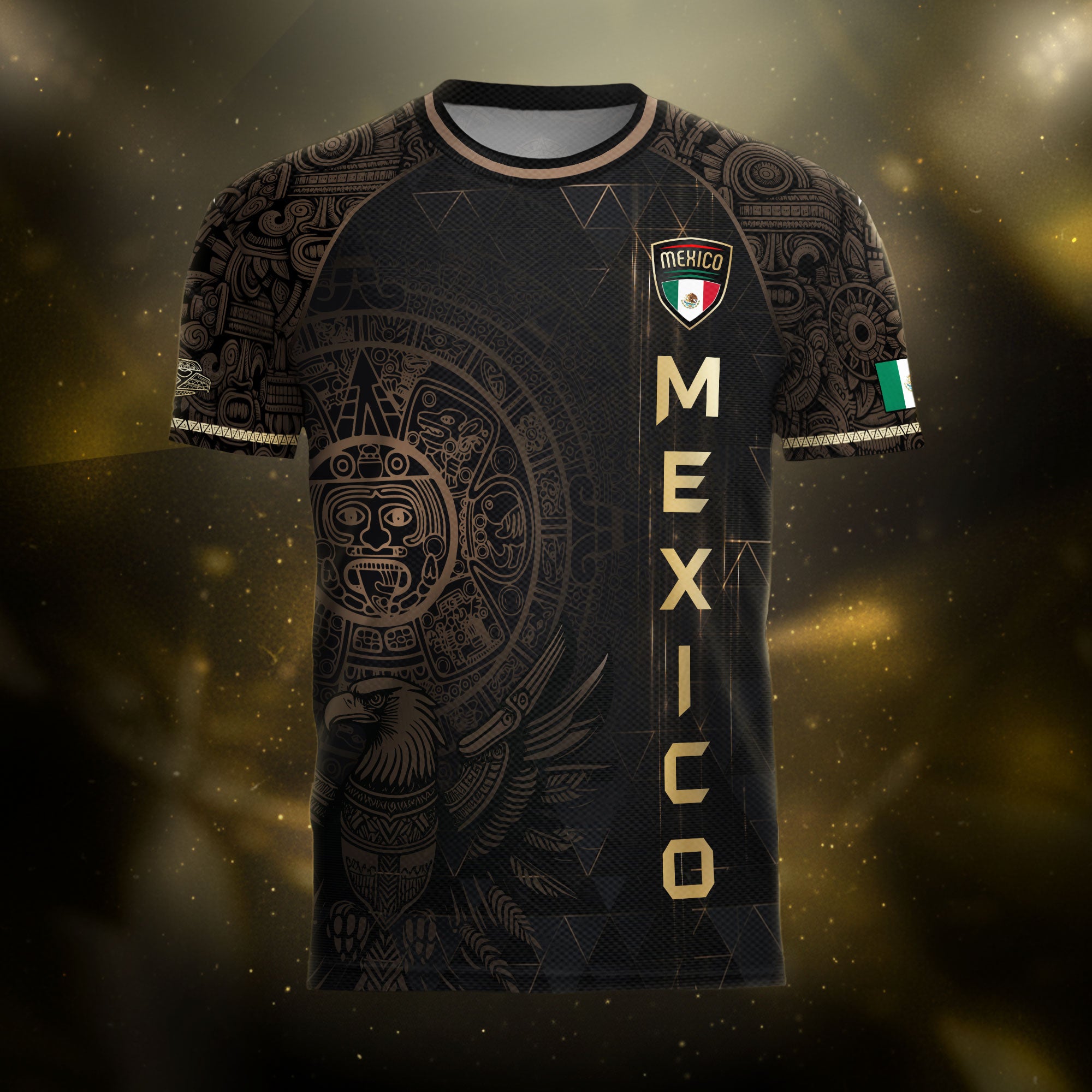 Camiseta de fútbol de México, color negro, dorado, calendario azteca y emblema del águila.