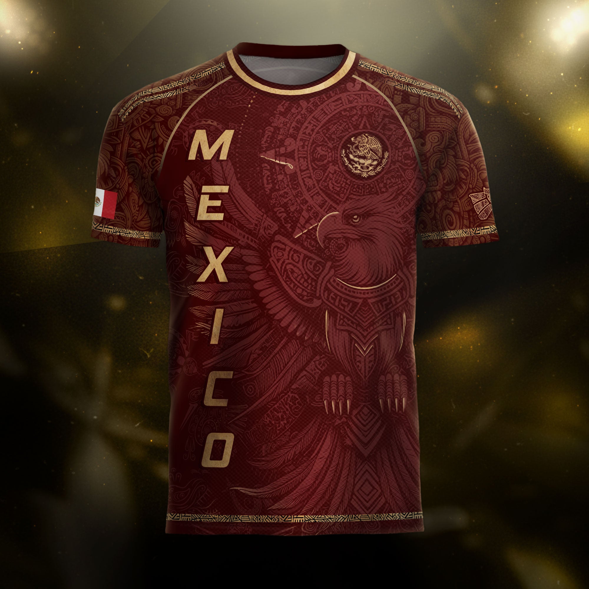 Mexico Soccer Jersey Red Gold Aztec Eagle & National Emblem