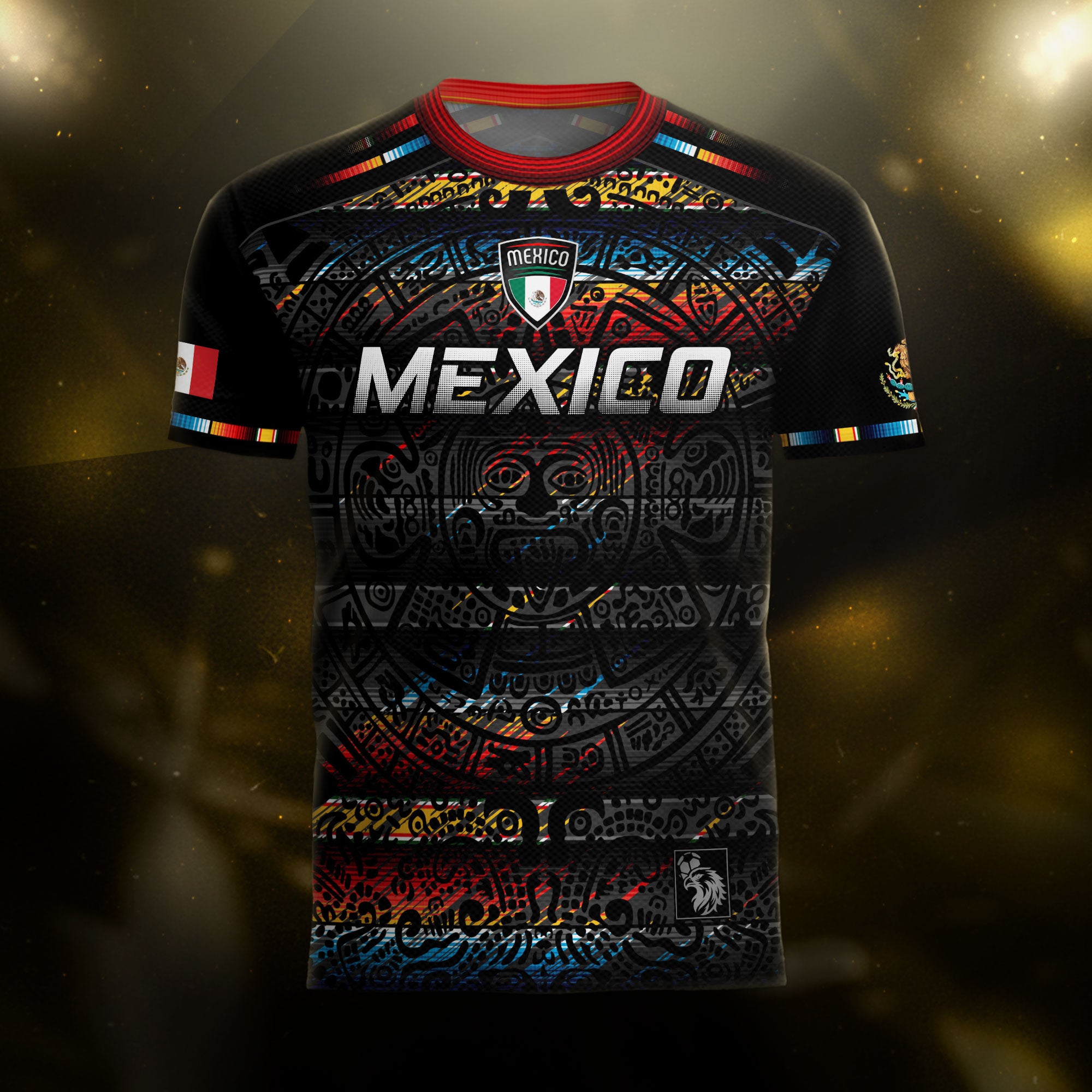 Mexico Soccer Jersey Black Aztec Calendar with Color Accents