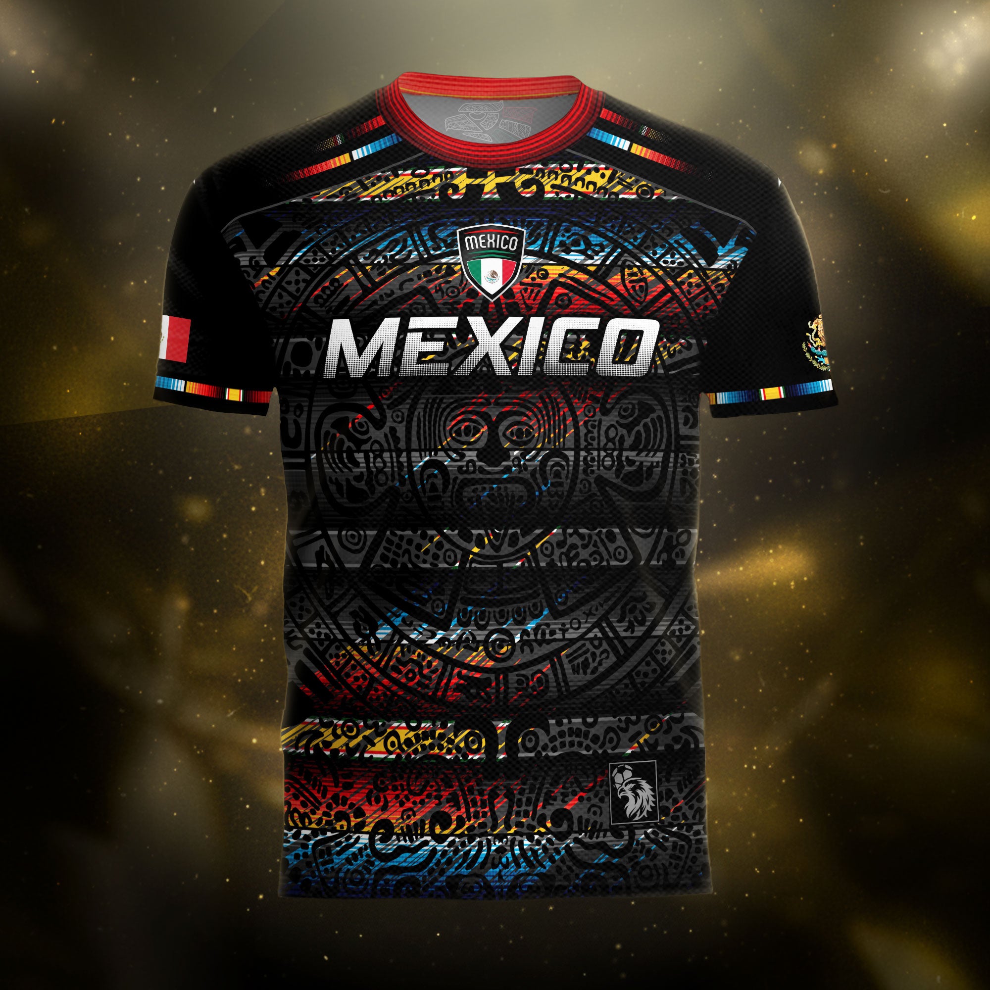 Camiseta de fútbol de México con calendario azteca negro y detalles de color