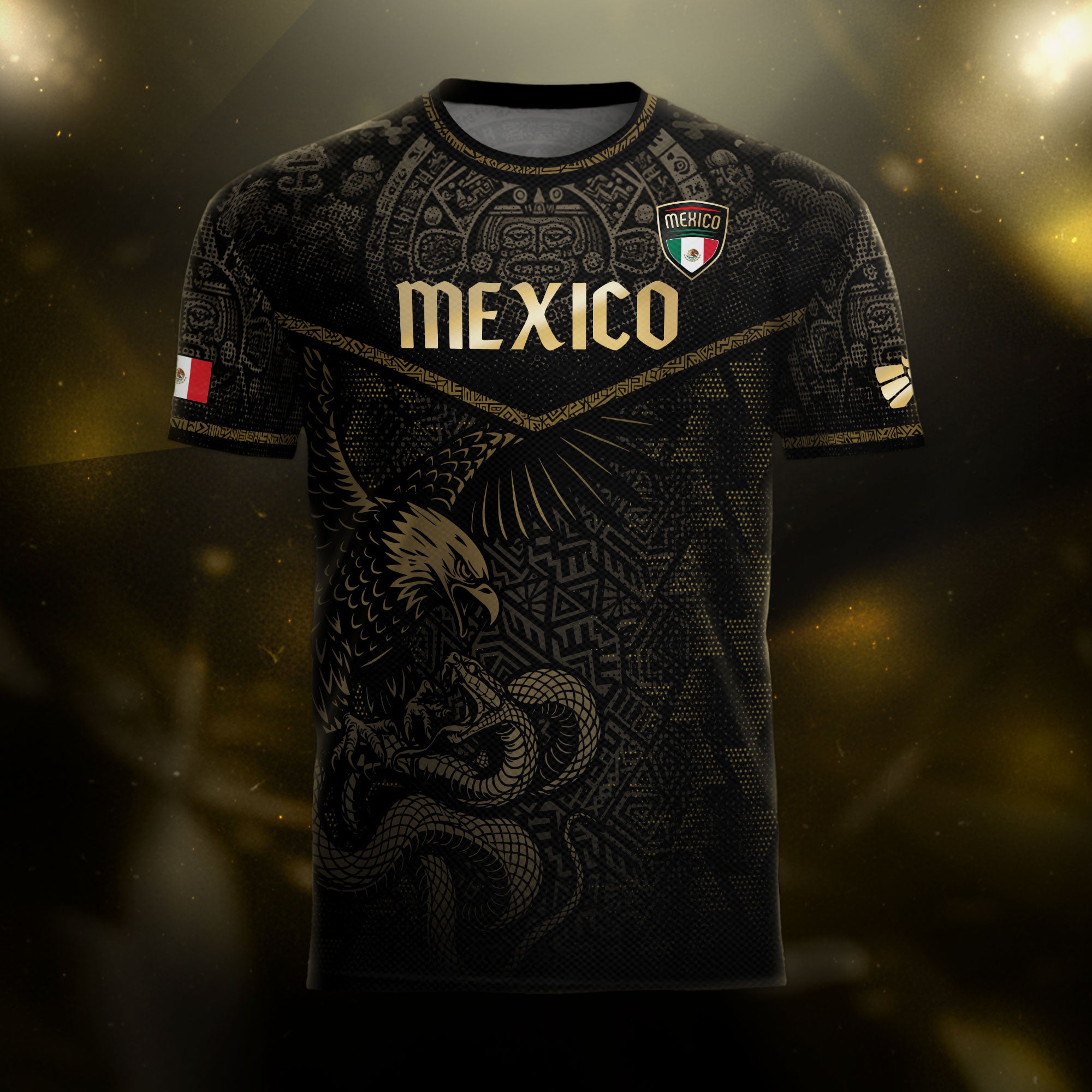 Mexico Soccer Jersey Black Gold Eagle & Snake Aztec Design